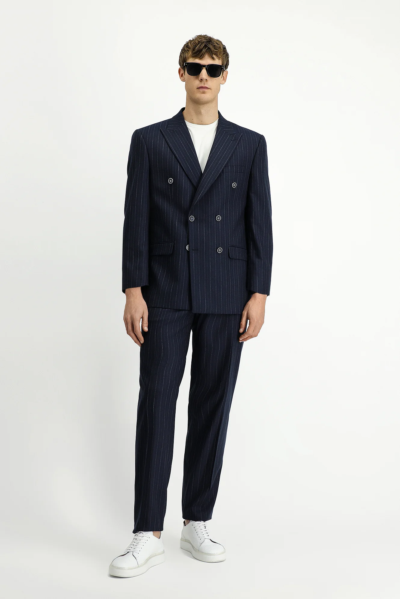 Koyu Lacivert 4 Drop Relaxed Fit Rahat Kesim Çizgili Kruvaze Takım Elbise