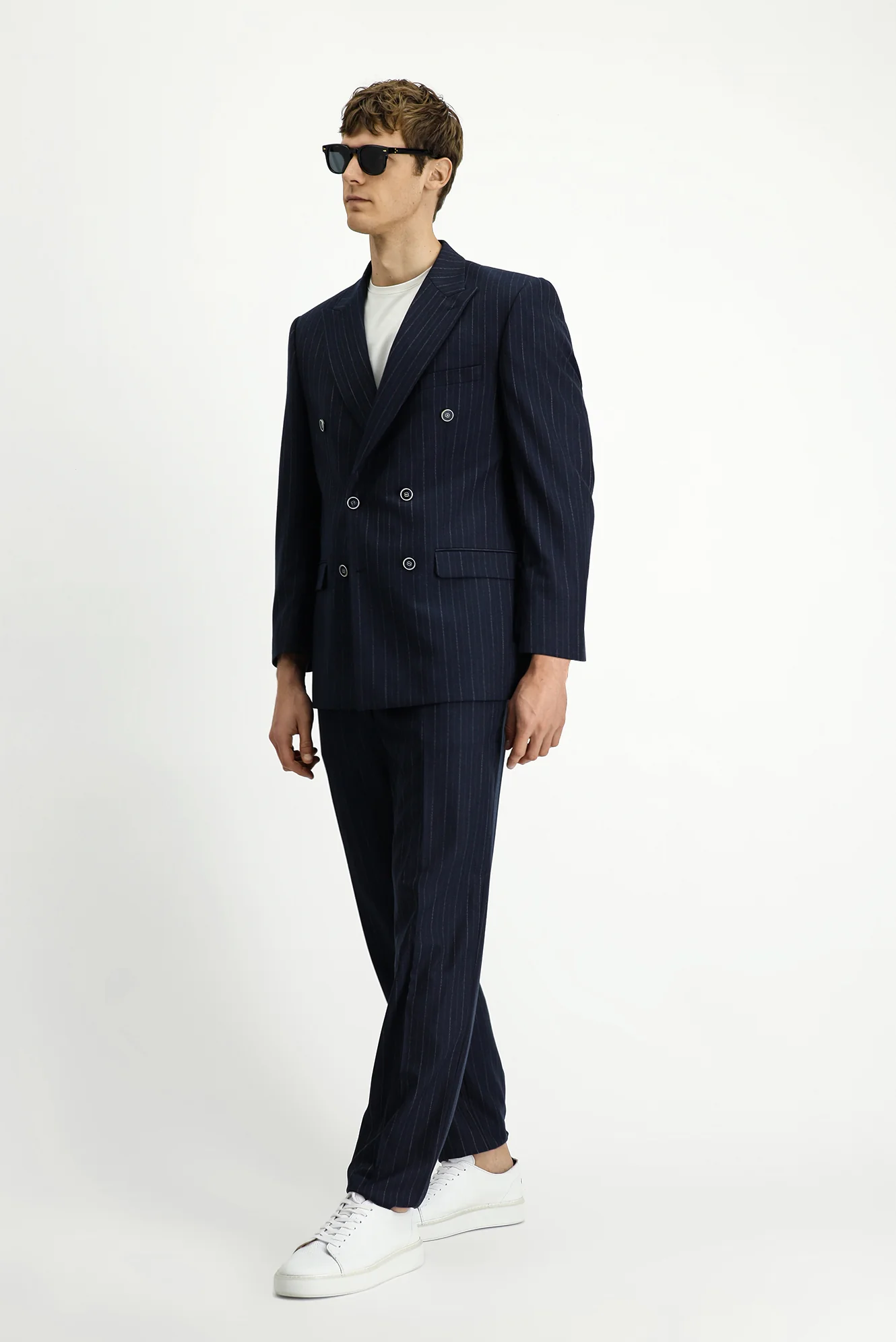 Koyu Lacivert 4 Drop Relaxed Fit Rahat Kesim Çizgili Kruvaze Takım Elbise - Image 2