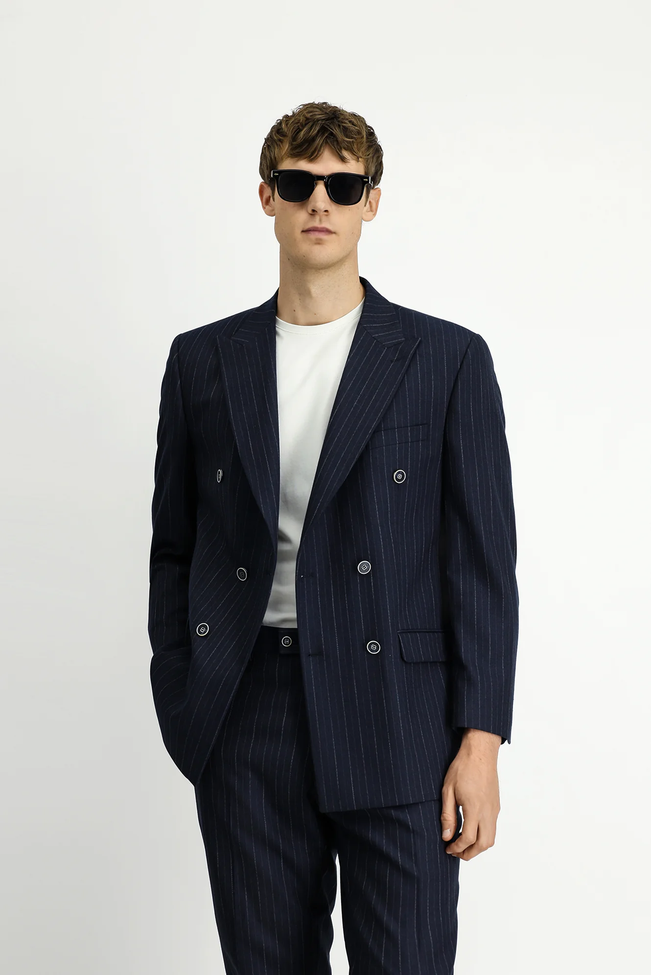 Koyu Lacivert 4 Drop Relaxed Fit Rahat Kesim Çizgili Kruvaze Takım Elbise - Image 3