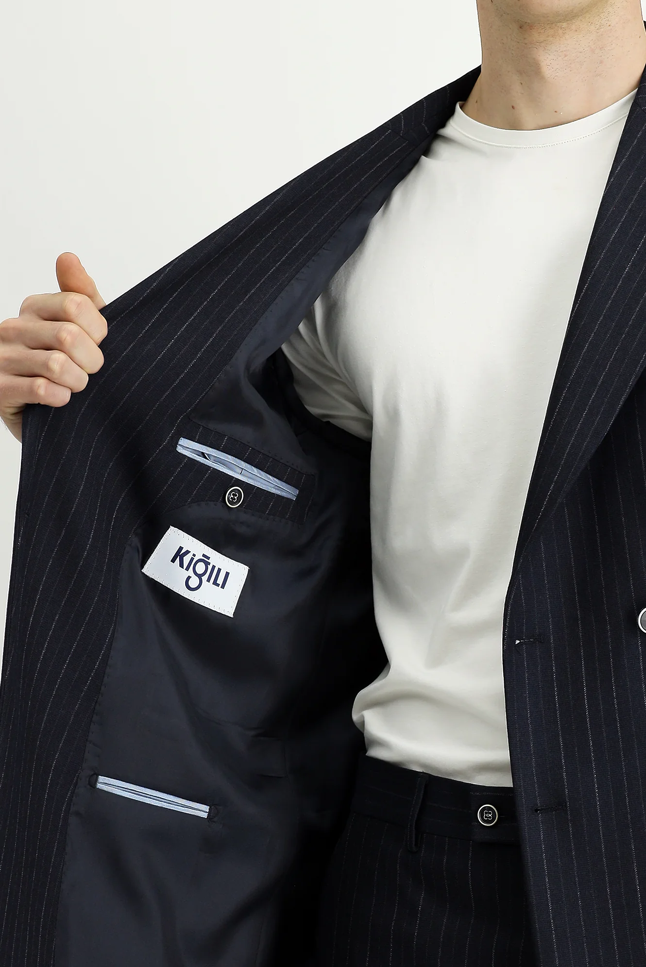 Koyu Lacivert 4 Drop Relaxed Fit Rahat Kesim Çizgili Kruvaze Takım Elbise - Image 6