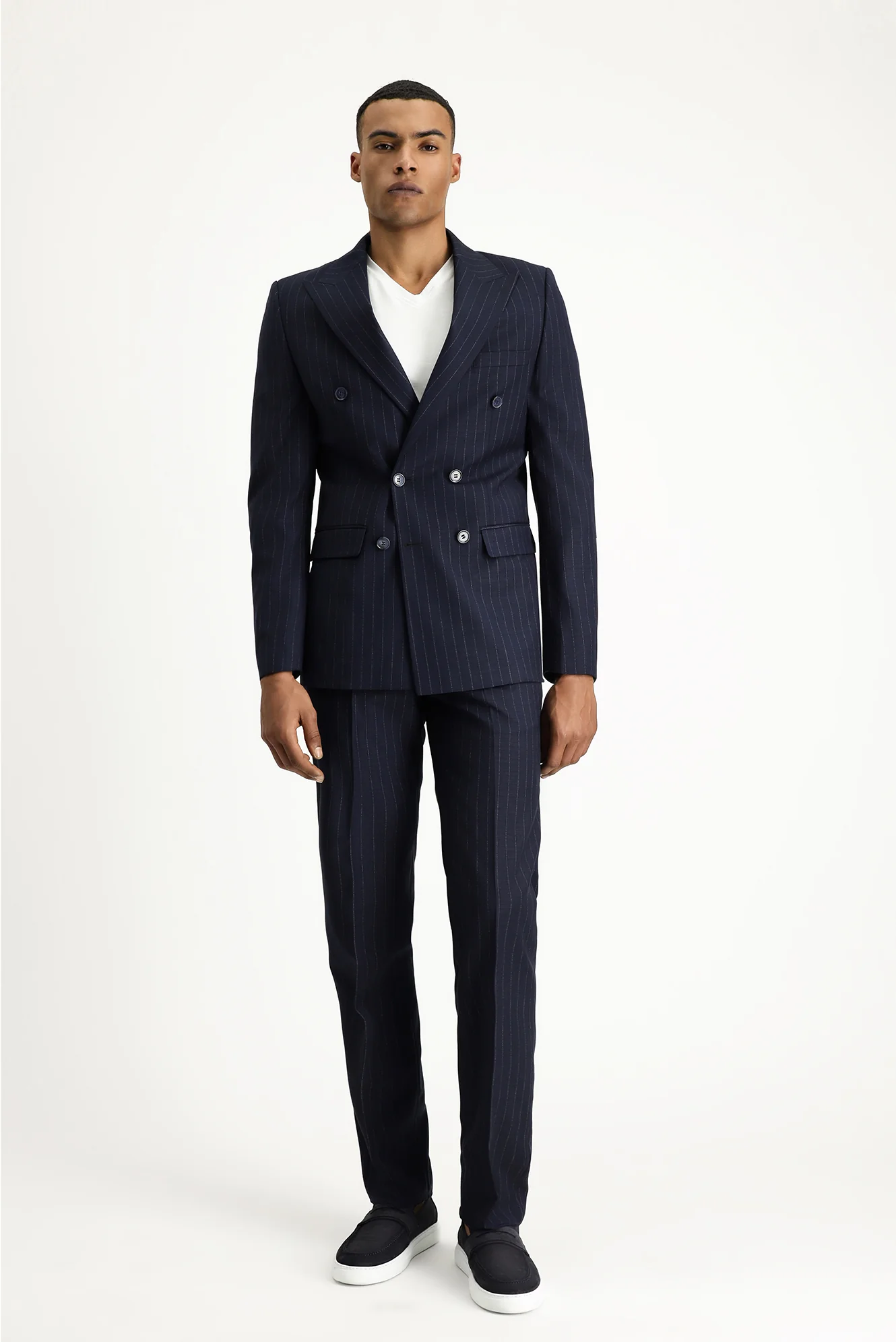 Koyu Lacivert 6 Drop Regular Fit Standart Kesim Çizgili Kruvaze Takım Elbise - Image 2