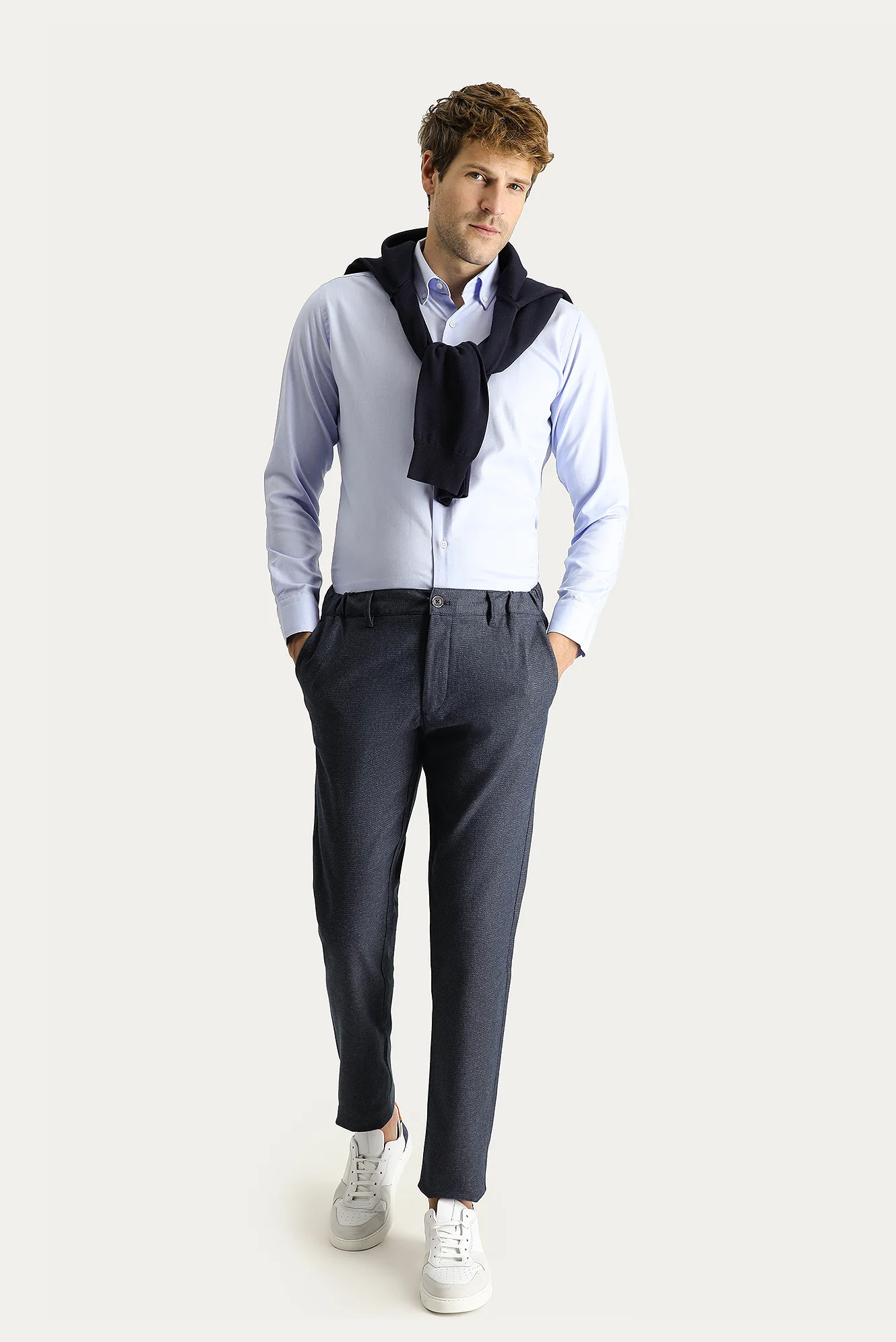 Koyu Lacivert Regular Fit Standart Kesim Desenli Beli Lastikli Likralı Kanvas / Chino Pantolon