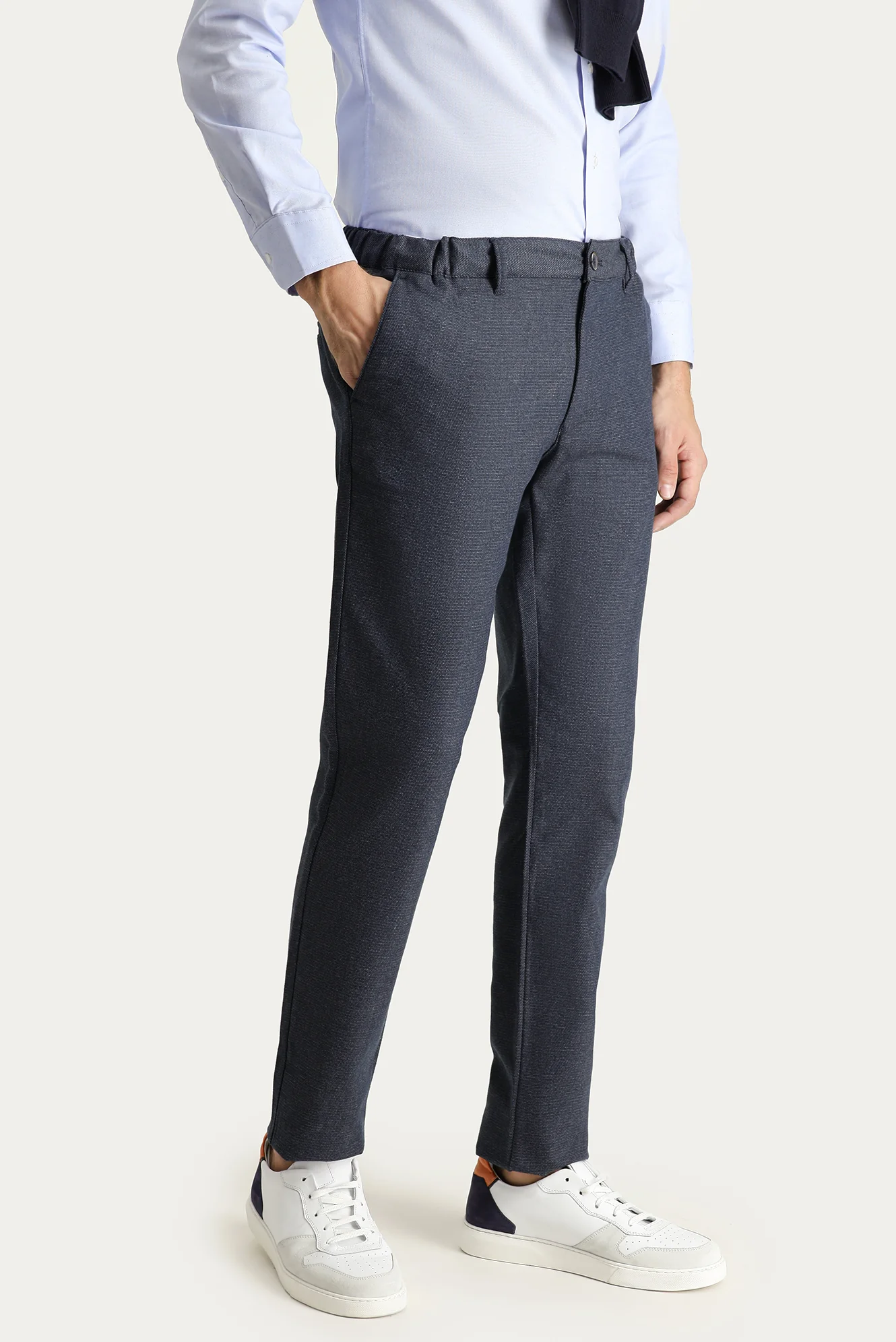 Koyu Lacivert Regular Fit Standart Kesim Desenli Beli Lastikli Likralı Kanvas / Chino Pantolon - Image 3