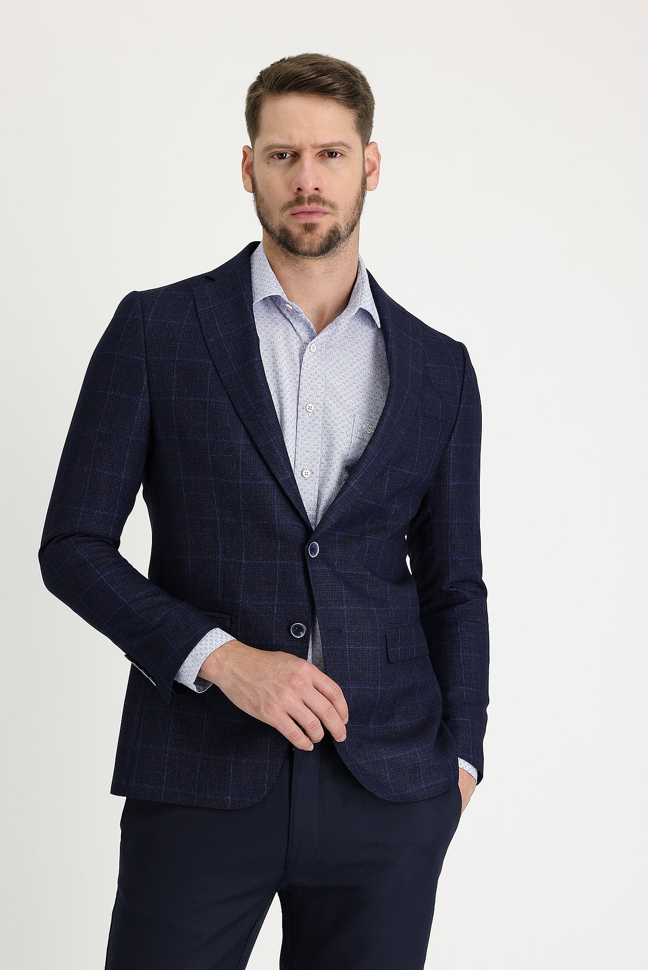 Koyu Lacivert 6 Drop Regular Fit Standart Kesim Desenli Ceket - Image 2