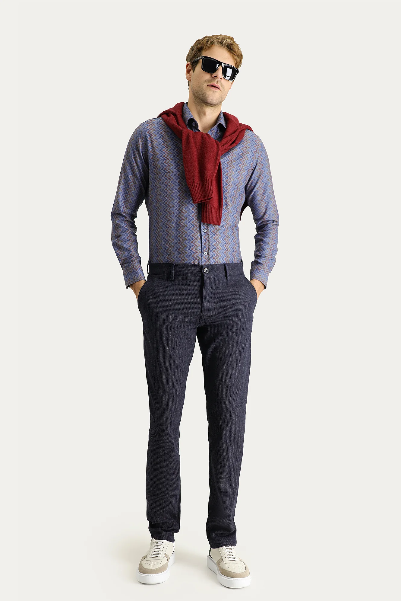 Koyu Lacivert Regular Fit Standart Kesim Desenli Likralı Kanvas / Chino Pantolon - Image 2