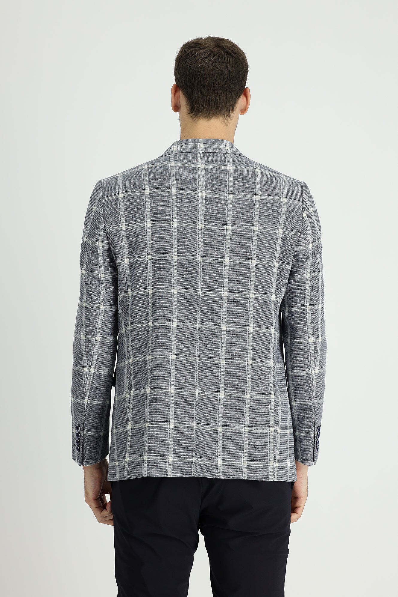 Koyu Lacivert 6 Drop Regular Fit Standart Kesim Ekose Keten Karışımlı Ceket - Image 3