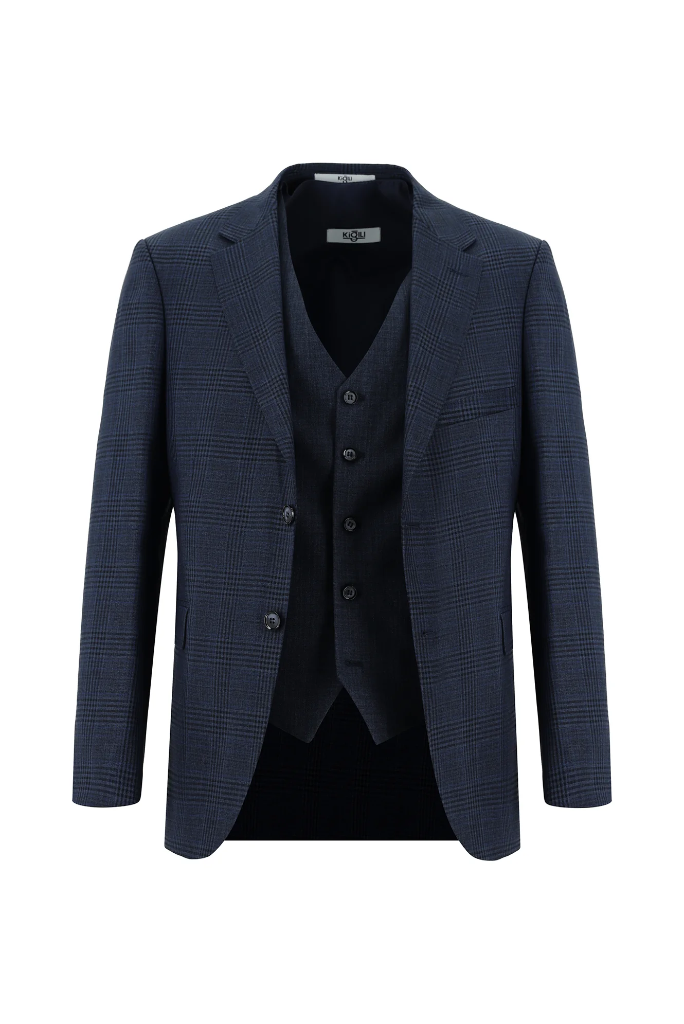 Koyu Lacivert 6 Drop Regular Fit Standart Kesim Ekose Yelekli Kombinli Takım Elbise - Image 2