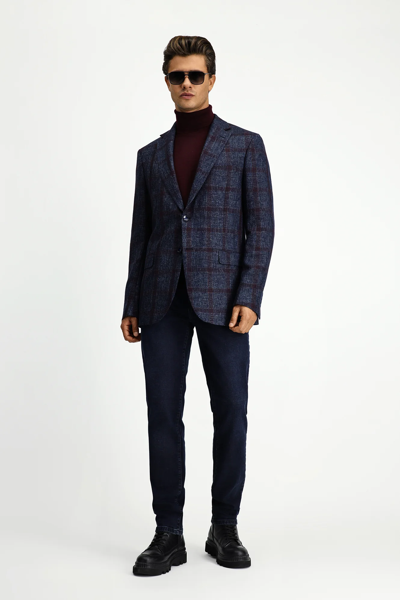 Koyu Lacivert 4 Drop Relaxed Fit Rahat Kesim Ekose Yünlü Ceket - Image 2