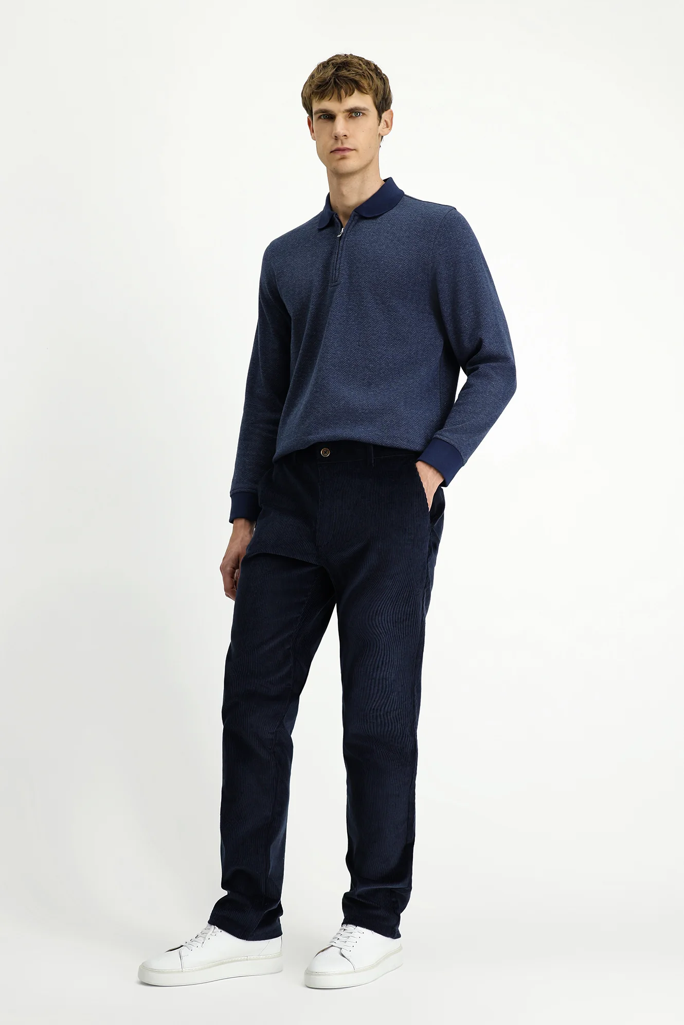 Koyu Lacivert Relaxed Fit Rahat Kesim Likralı Kadife Pantolon - Image 2