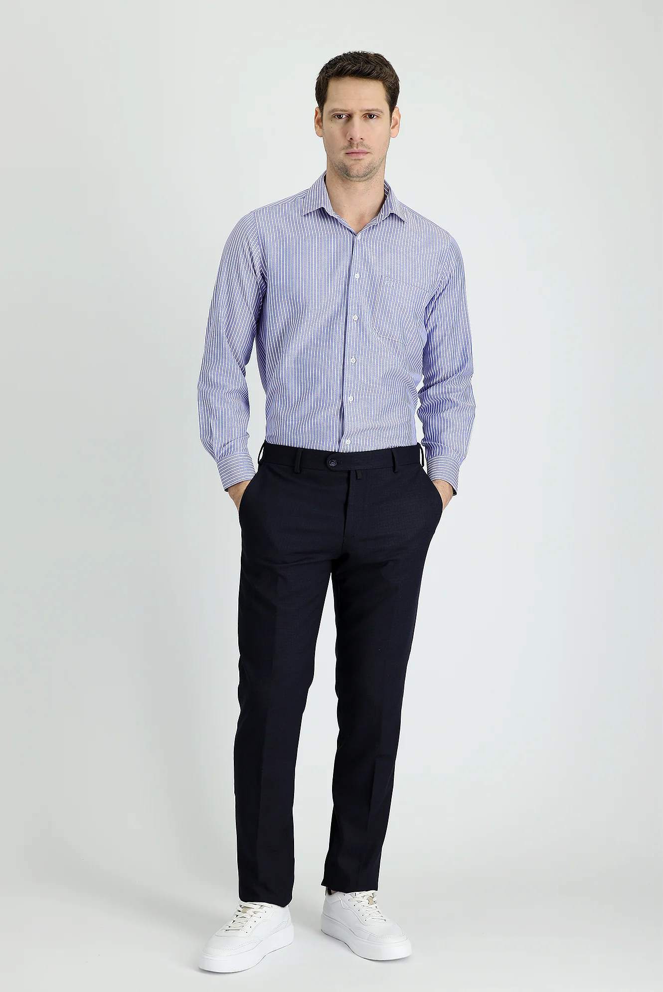 Koyu Lacivert 6 Drop Regular Fit Standart Kesim Klasik Desenli Likralı Kumaş Pantolon