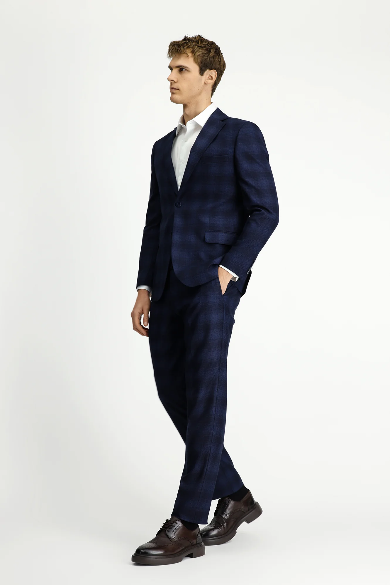 Koyu Lacivert 4 Drop Relaxed Fit Rahat Kesim Ekose Takım Elbise