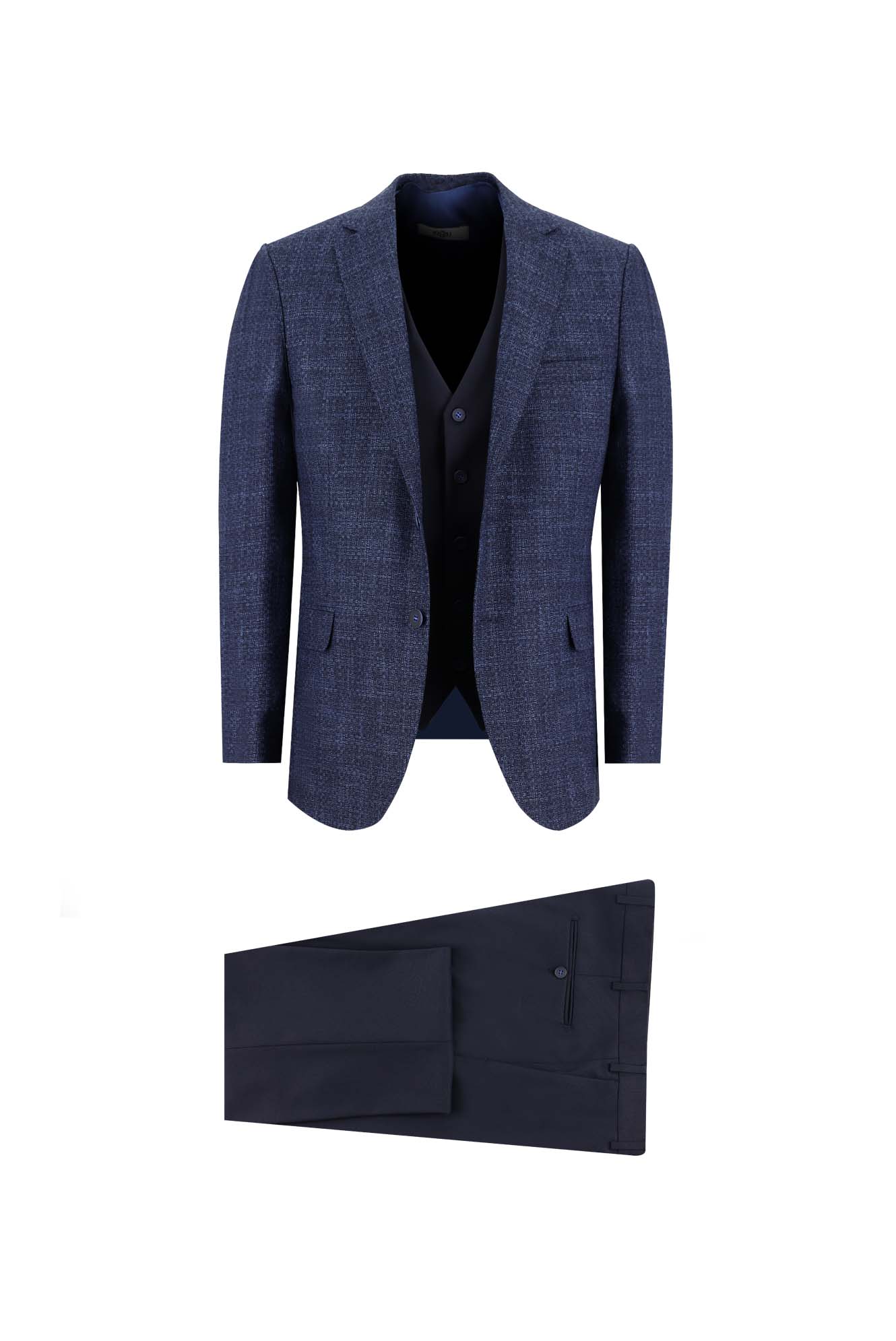 Koyu Lacivert 6 Drop Regular Fit Standart Kesim Kombinli Yelekli Keten Takım Elbise