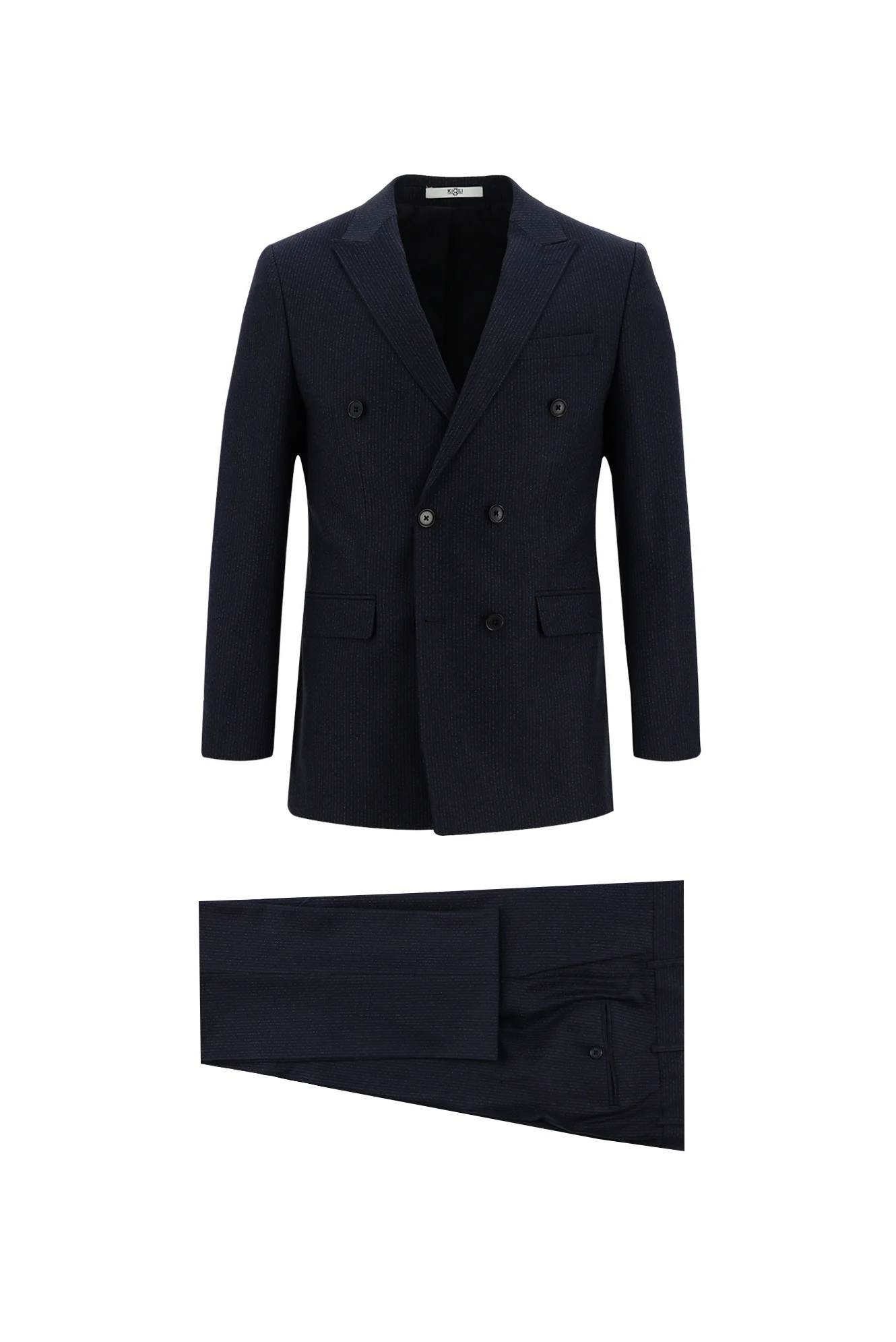Koyu Lacivert 6 Drop Regular Fit Standart Kesim Kruvaze Beli Lastikli İpli Çizgili Takım Elbise