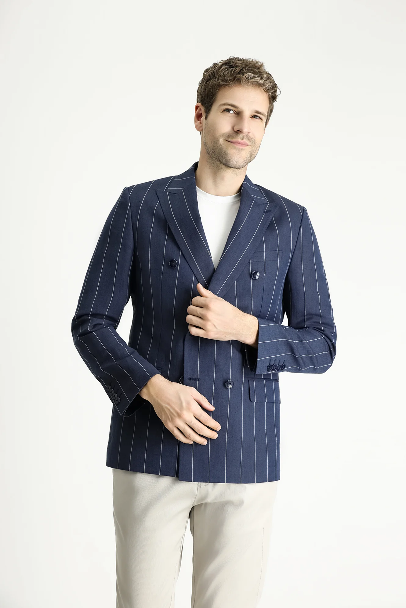 Koyu Lacivert 6 Drop Regular Fit Standart Kesim Kruvaze Çizgili Keten Karışımlı Ceket - Image 3
