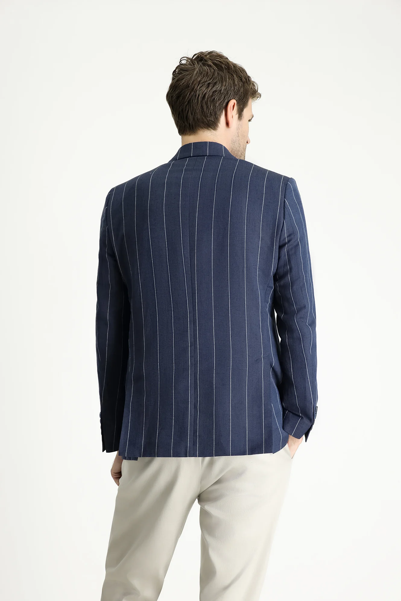 Koyu Lacivert 6 Drop Regular Fit Standart Kesim Kruvaze Çizgili Keten Karışımlı Ceket - Image 4