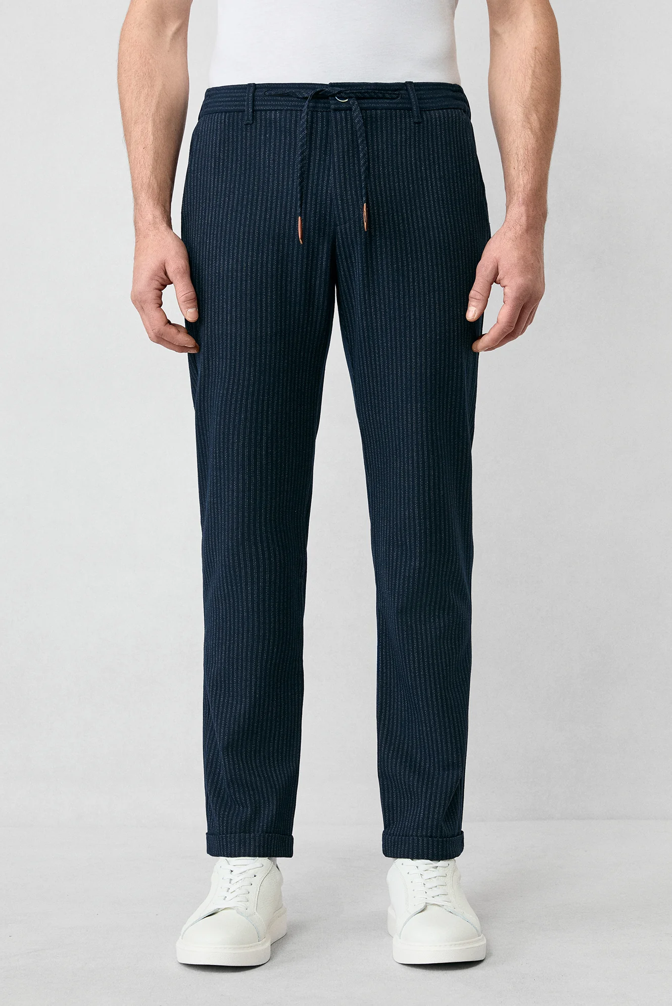 Koyu Lacivert Regular Fit Standart Kesim Çizgili Likralı Beli Lastikli İpli Pantolon - Image 2