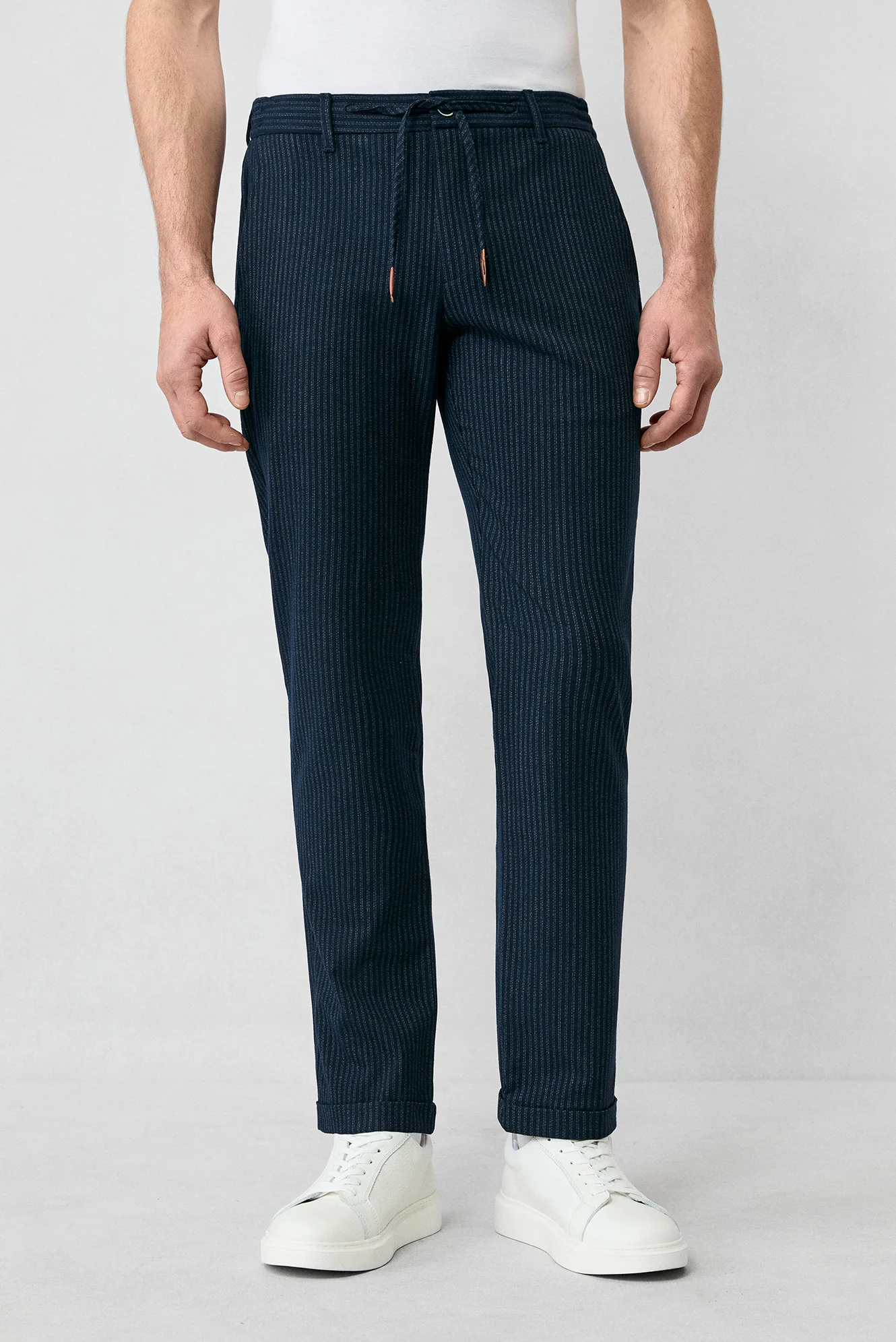 Koyu Lacivert Regular Fit Standart Kesim Çizgili Likralı Beli Lastikli İpli Pantolon - Image 3