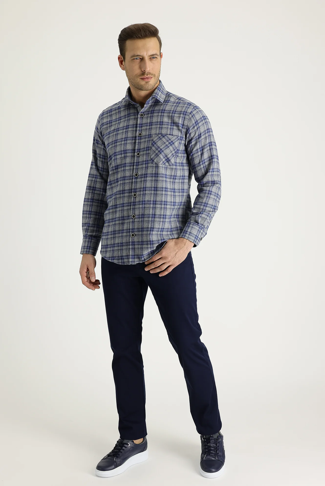 Koyu Lacivert Regular Fit Standart Kesim Likralı Kanvas / Chino Pantolon