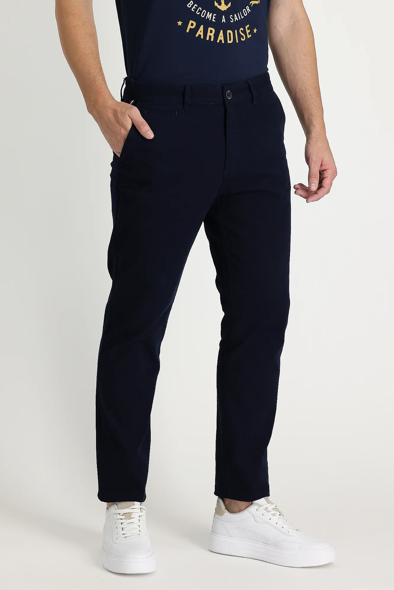 Koyu Lacivert Regular Fit Standart Kesim Desenli Likralı Kanvas / Chino Pantolon - Image 3