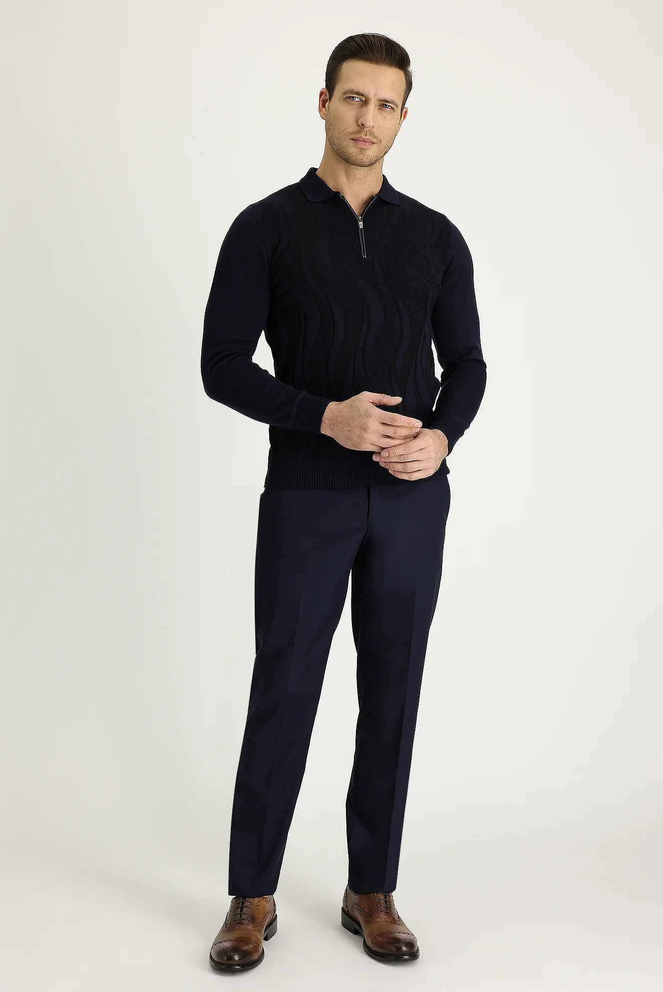 Koyu Lacivert 6 Drop Regular Fit Standart Kesim Likralı Klasik Kumaş Pantolon