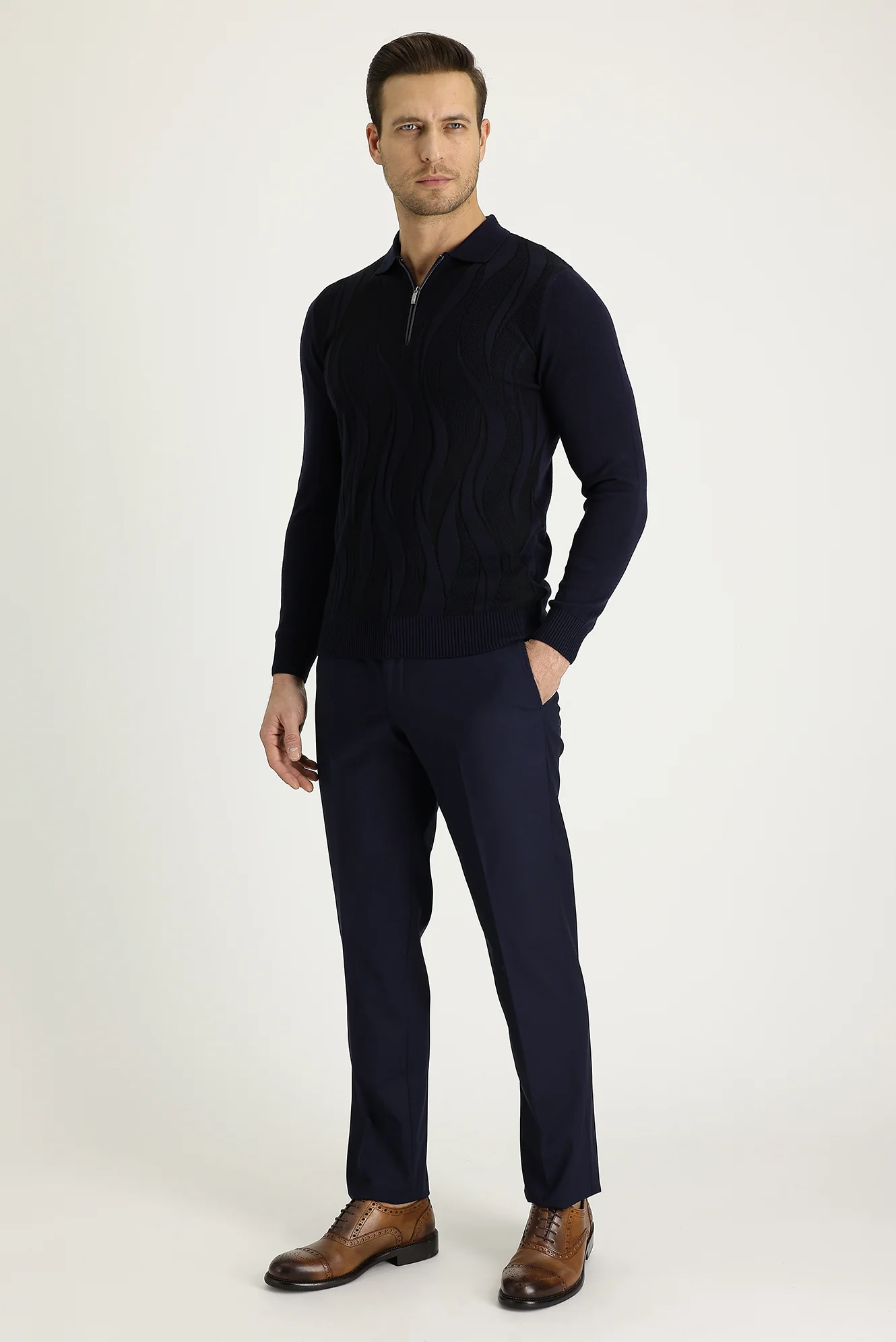 Koyu Lacivert 6 Drop Regular Fit Standart Kesim Likralı Klasik Kumaş Pantolon - Image 2