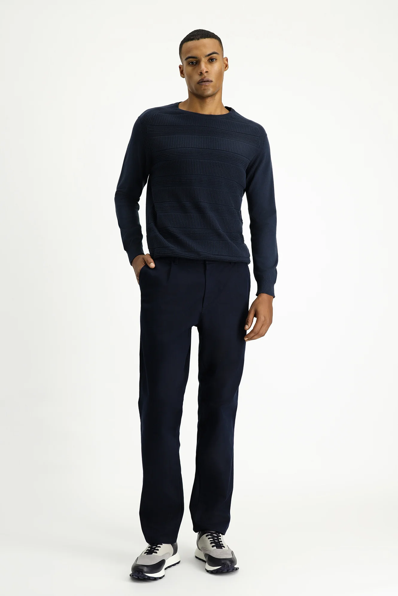 Koyu Lacivert Regular Fit Standart Kesim Likralı Pileli Kanvas / Chino Pantolon - Image 2