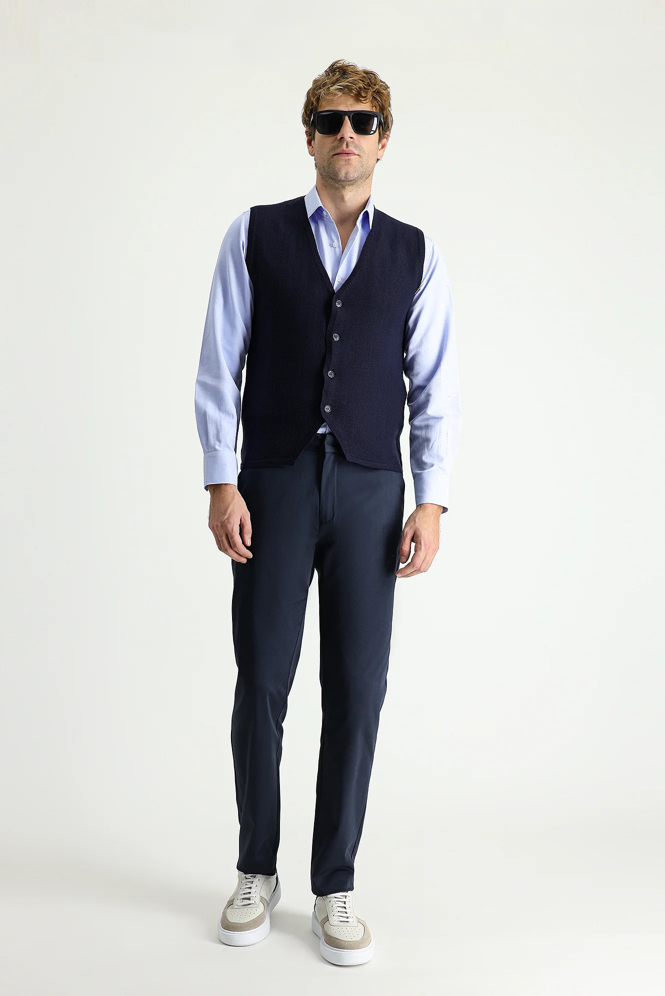Koyu Lacivert Regular Fit Standart Kesim Likralı Saten Kanvas / Chino Pantolon