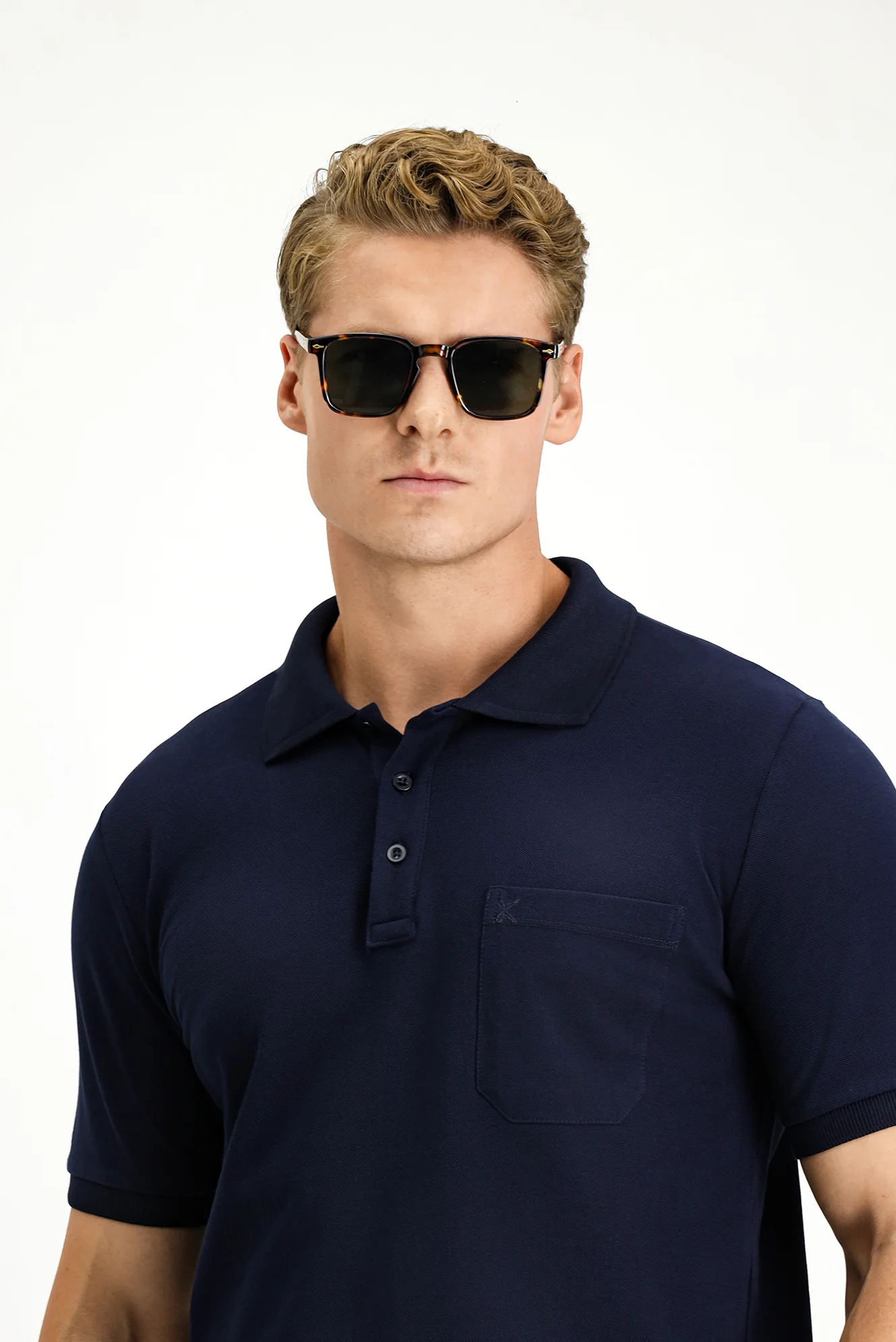 Koyu Lacivert Regular Fit Pamuk Nakışlı Cepli Kıvrılmaz Polo Yaka Tişört - Image 3