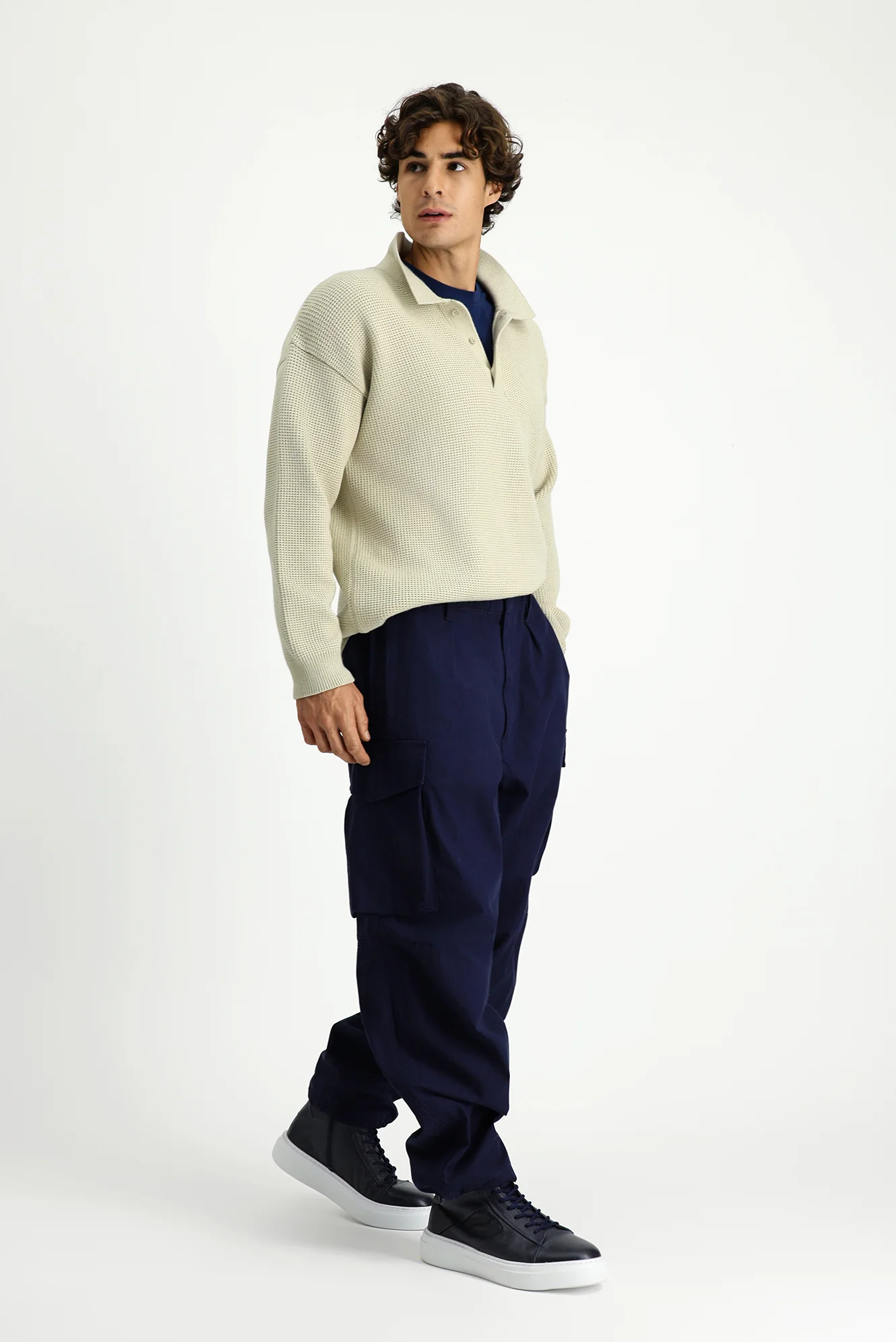 Koyu Lacivert Engineered Fit Pamuklu Kargo Pantolon - Image 3