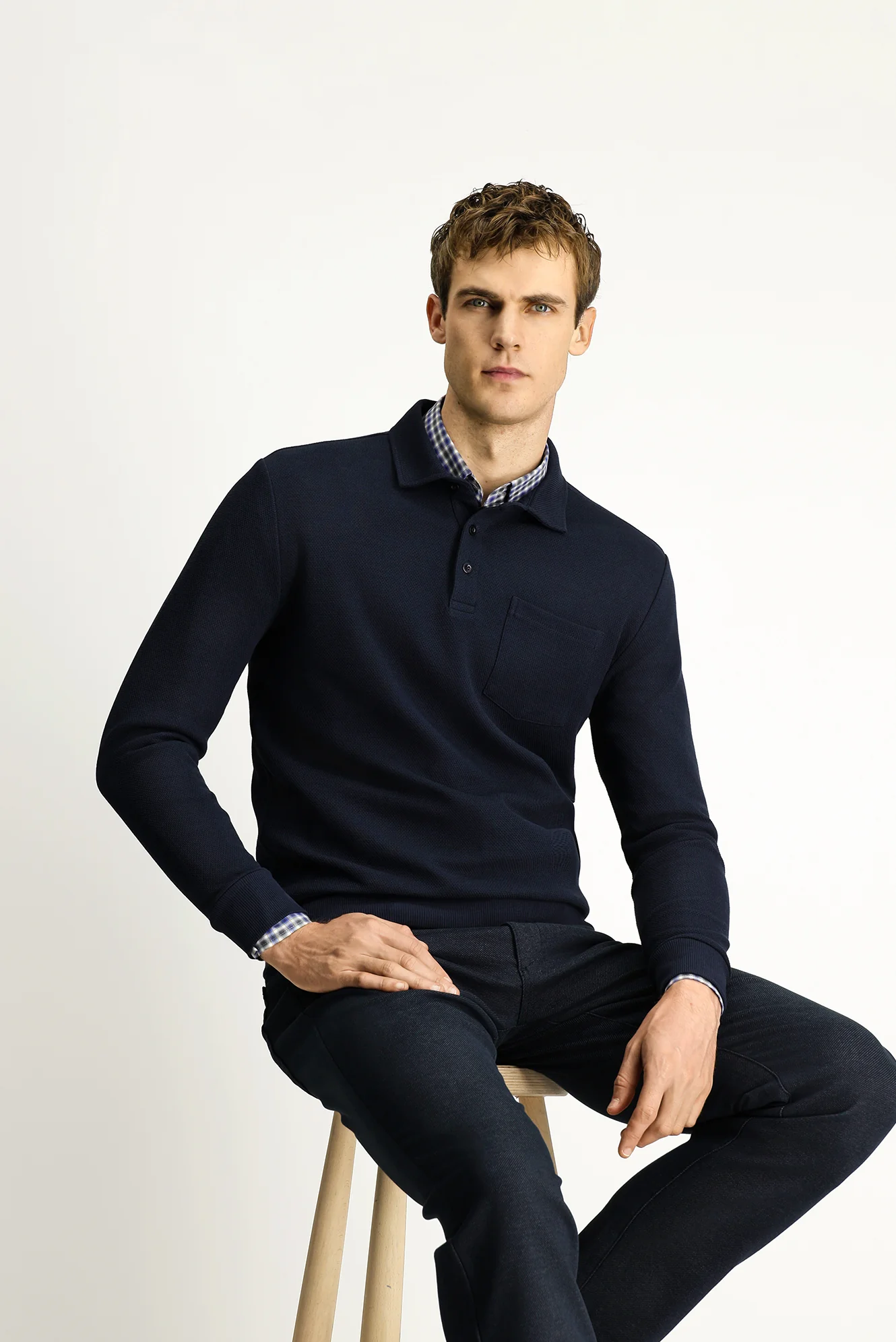 Koyu Lacivert Polo Yaka Regular Fit Desenli Cepli Pamuk Sweatshirt