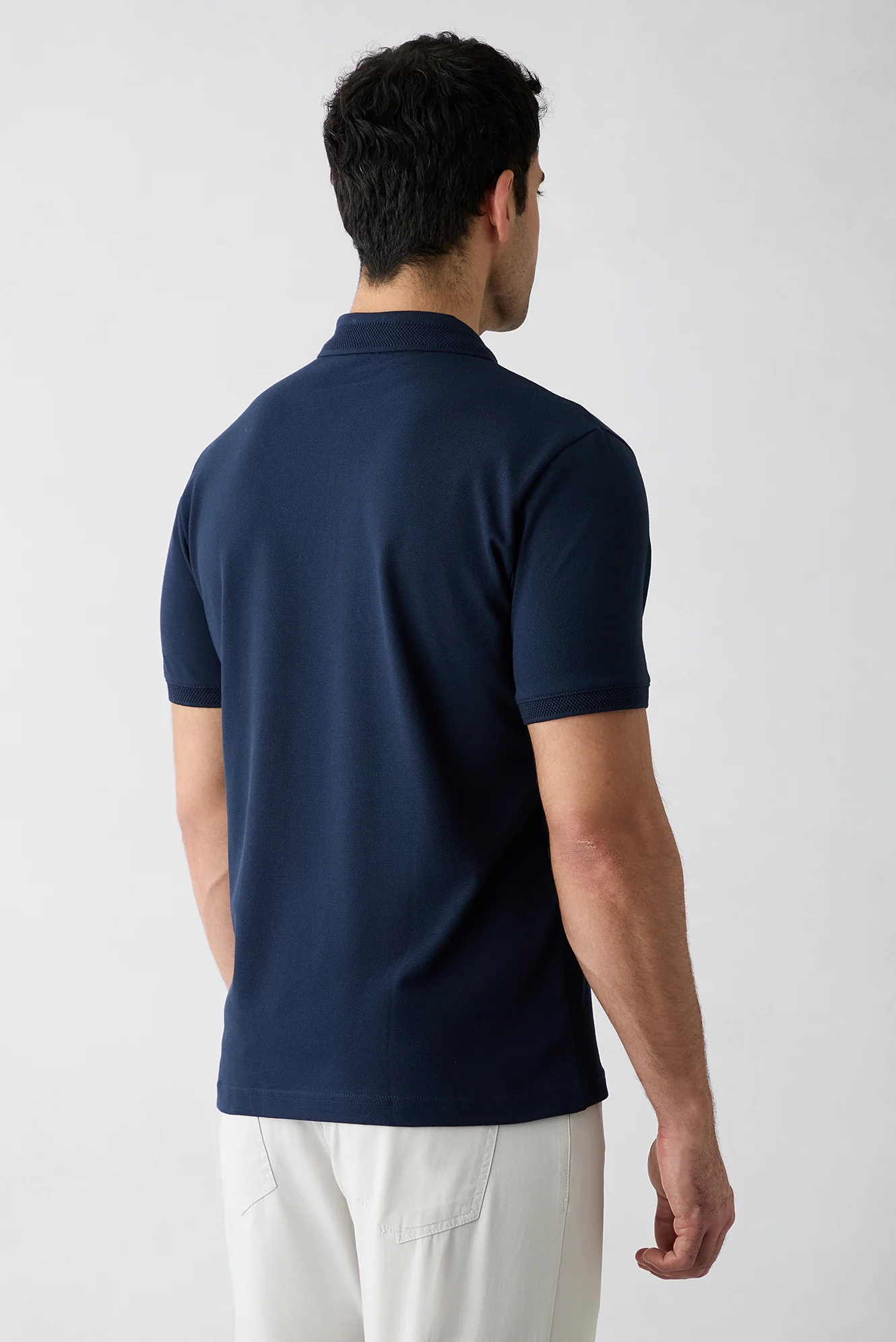 Koyu Lacivert Kıvrılmaz Polo Yaka Regular Fit Cepli Ribana Detaylı Pamuk Tişört - Image 4