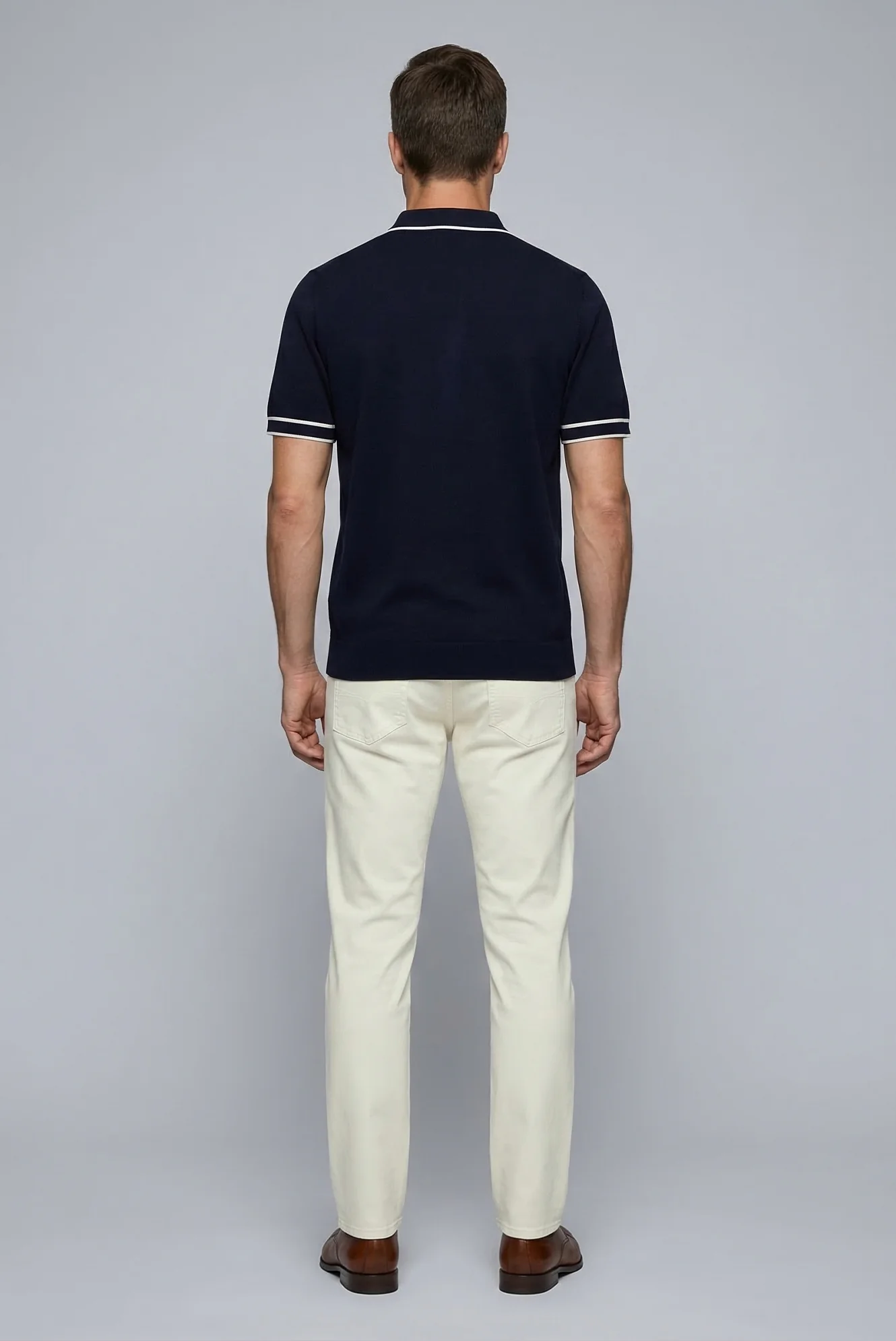 Koyu Lacivert Regular Fit Şerit Detaylı Polo Yaka Örme Tişört - Image 4