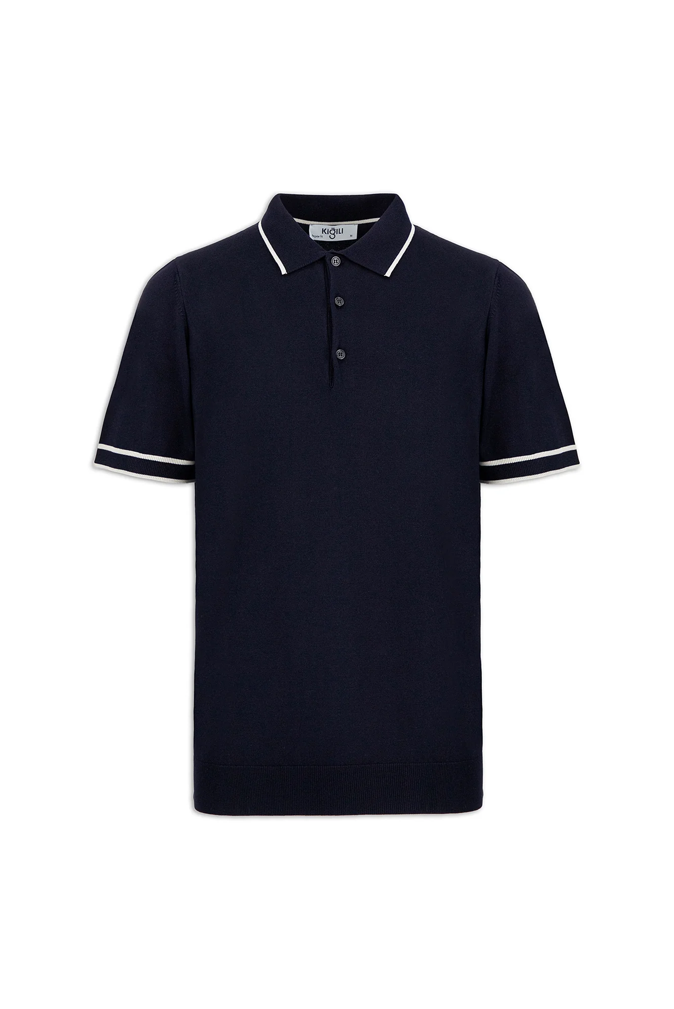 Koyu Lacivert Regular Fit Şerit Detaylı Polo Yaka Örme Tişört - Image 5