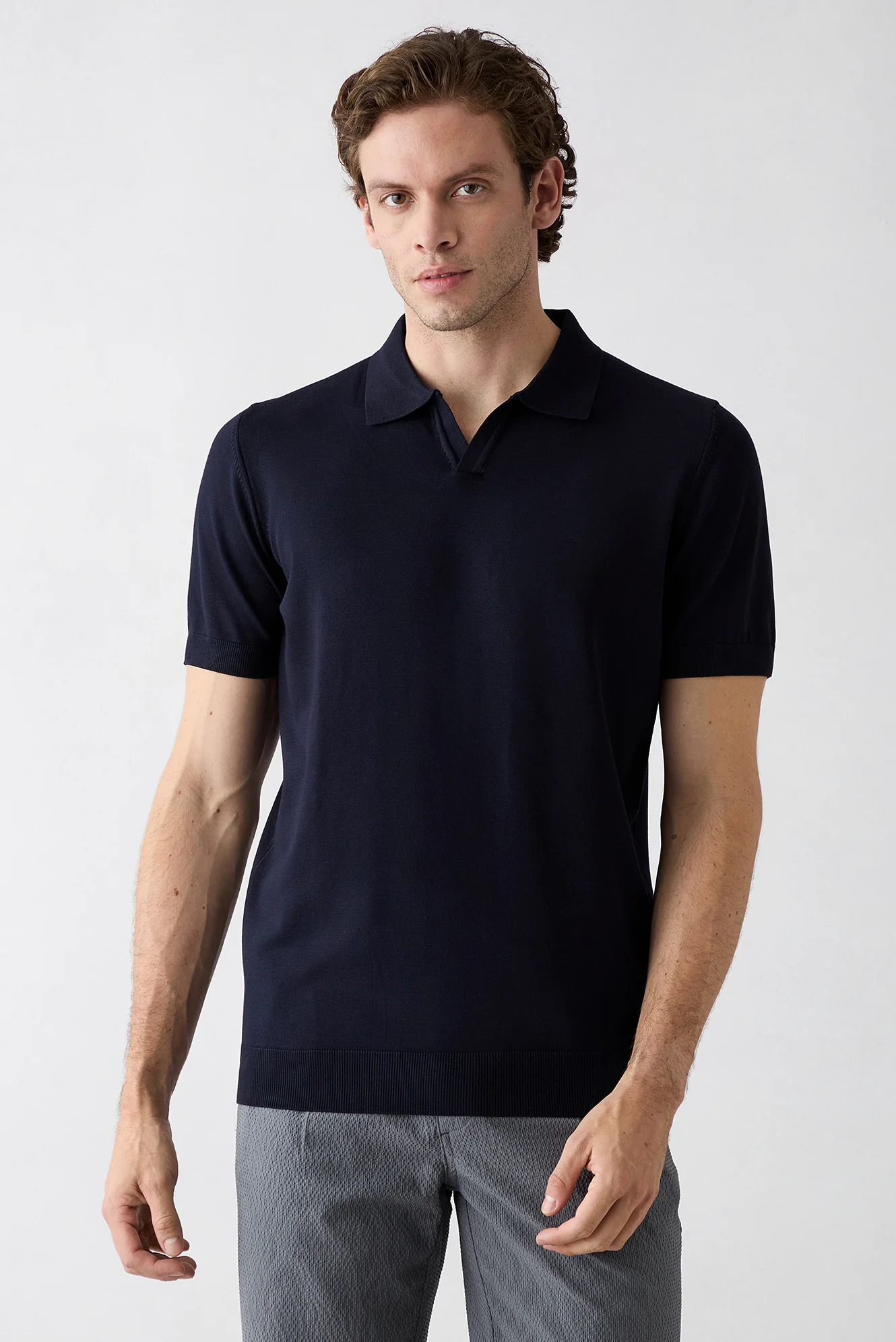 Koyu Lacivert Düğmesiz Polo Yaka Regular Fit Örme Tişört