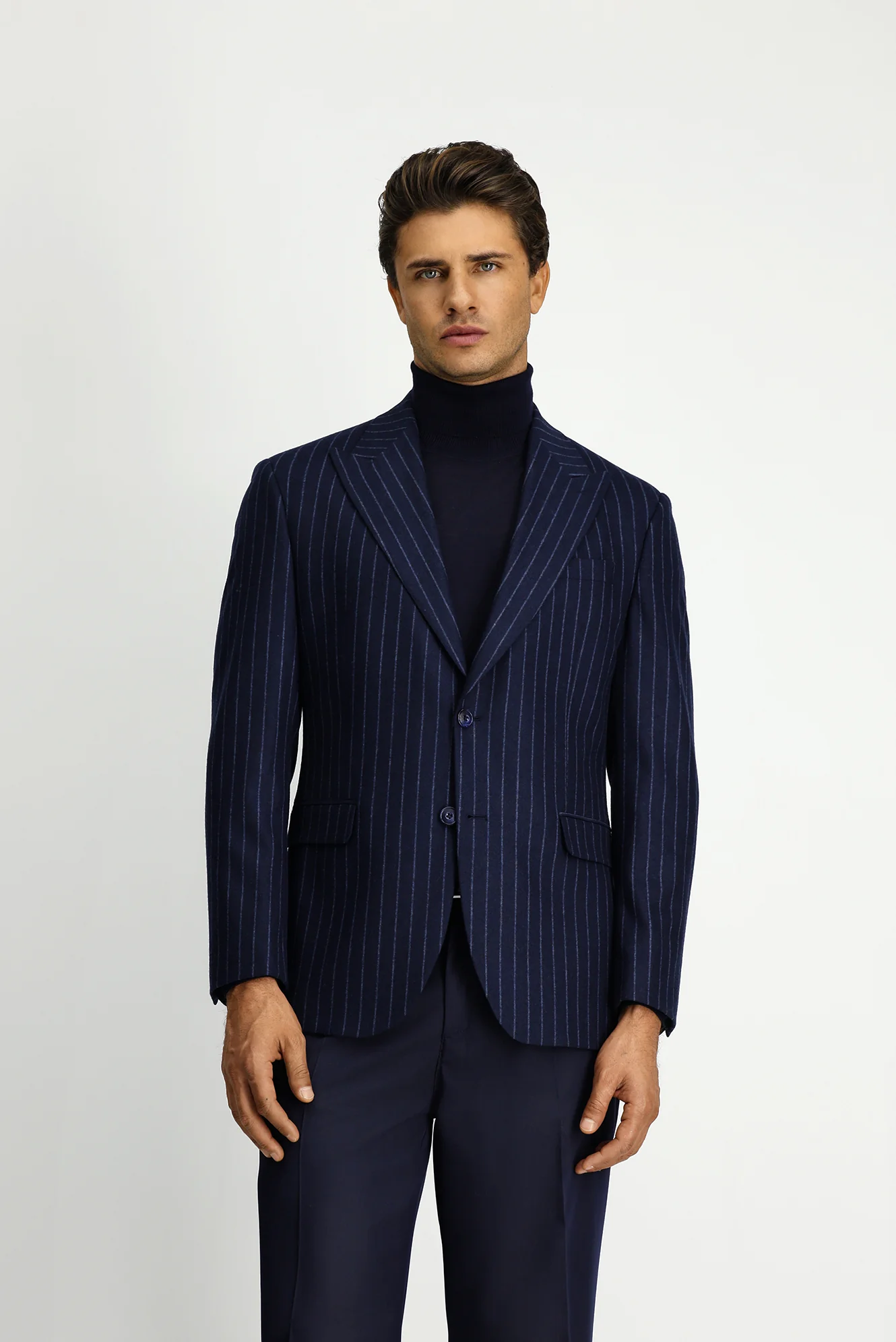 Koyu Lacivert 6 Drop Regular Fit Standart Kesim Çizgili Yünlü Klasik Ceket - Image 3