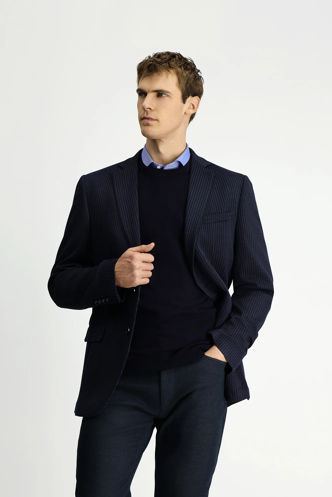 Koyu Lacivert 7 Drop Super Slim Fit Eksra Dar Kesim Örme Klasik Çizgili Ceket