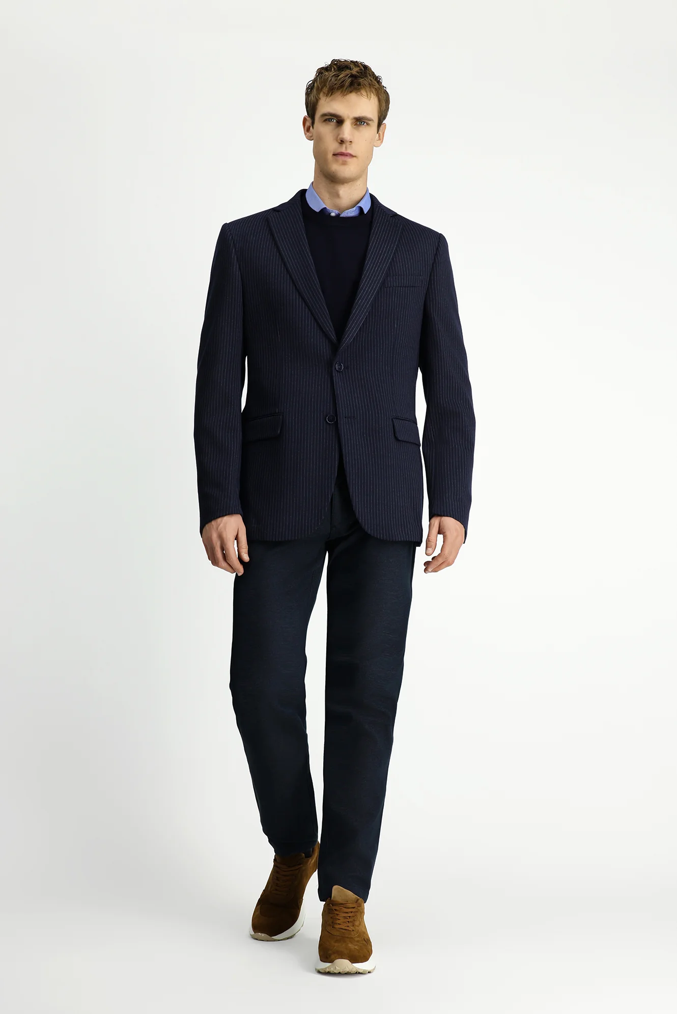 Koyu Lacivert 7 Drop Super Slim Fit Eksra Dar Kesim Örme Klasik Çizgili Ceket - Image 2