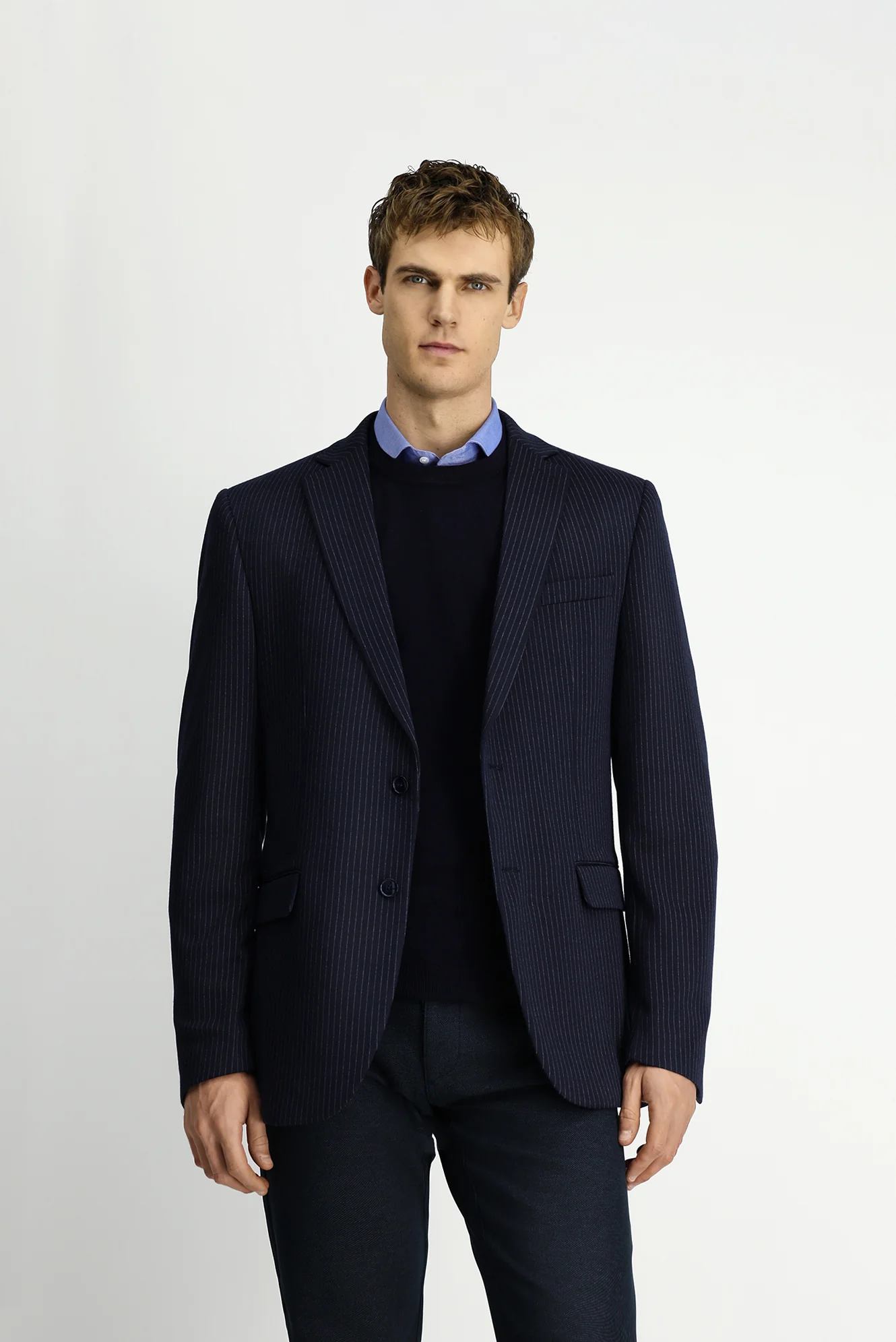 Koyu Lacivert 7 Drop Super Slim Fit Eksra Dar Kesim Örme Klasik Çizgili Ceket - Image 3