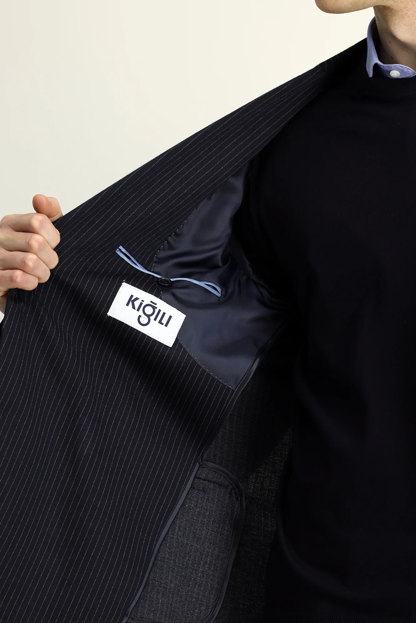 Koyu Lacivert 7 Drop Super Slim Fit Eksra Dar Kesim Örme Klasik Çizgili Ceket - Image 6