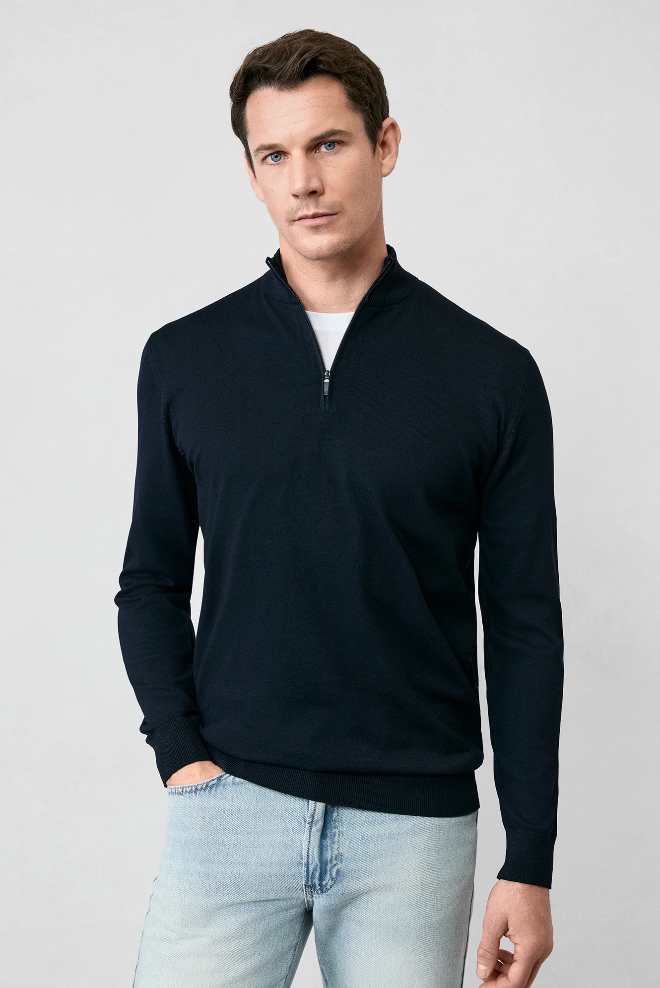 Koyu Lacivert Regular Fit Yarım Balıkçı Yaka Fermuarlı Triko Kazak - Image 2