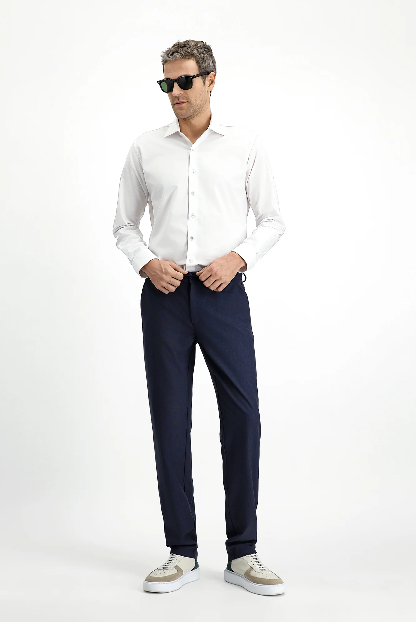 Koyu Lacivert 6 Drop Regular Fit Standart Kesim Yünlü Beli Lastikli İpli Klasik Kumaş Pantolon