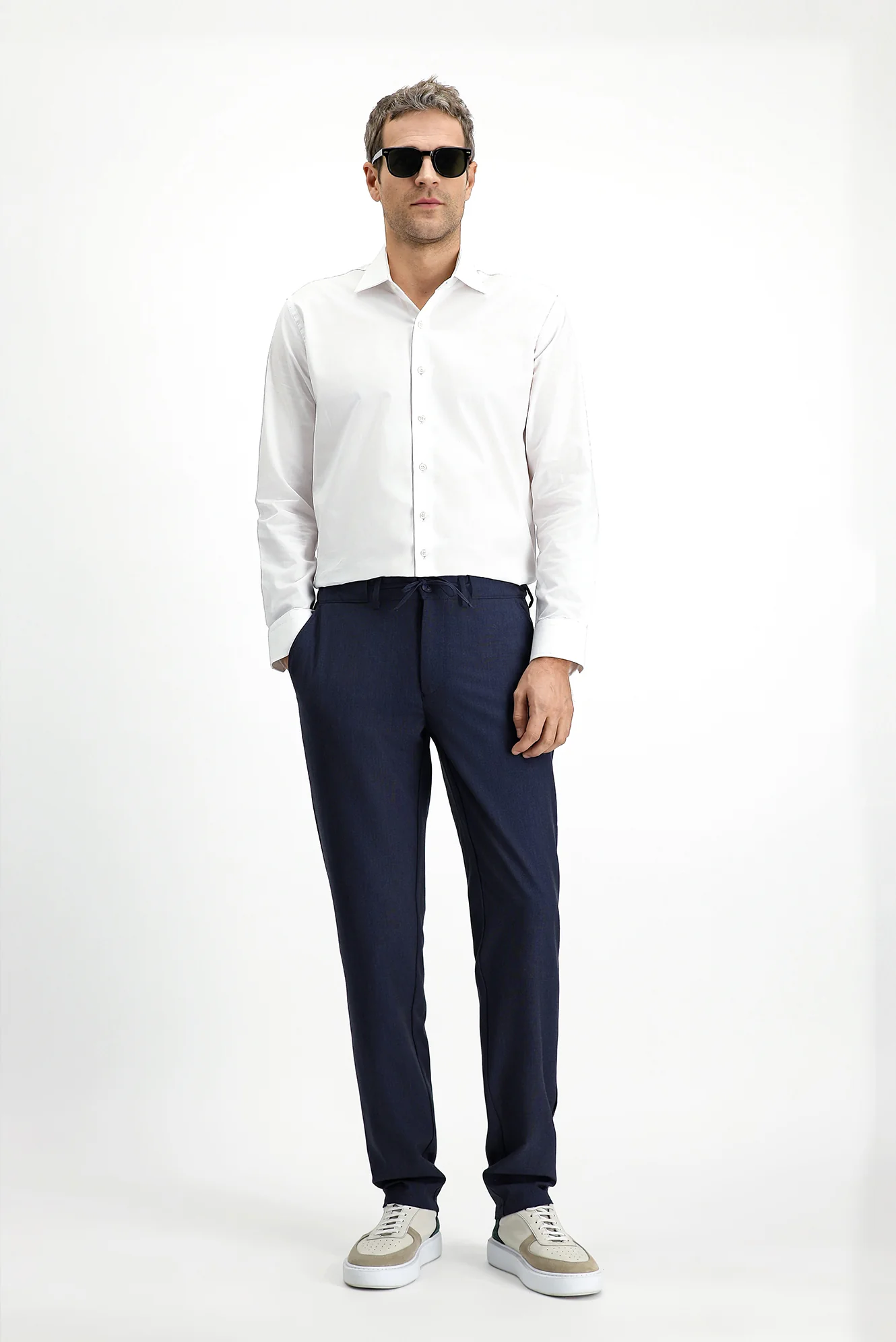 Koyu Lacivert 6 Drop Regular Fit Standart Kesim Yünlü Beli Lastikli İpli Klasik Kumaş Pantolon - Image 2