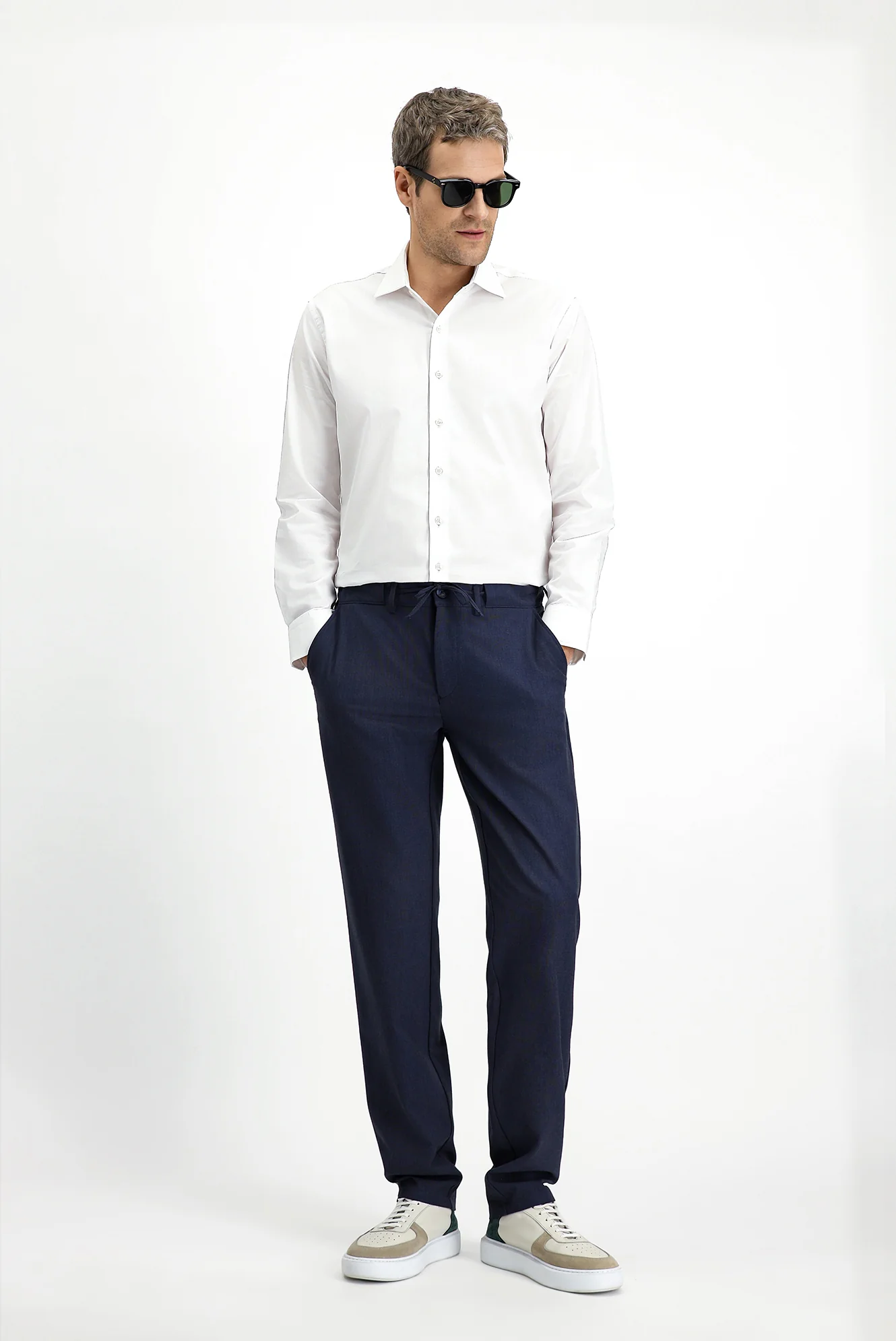 Koyu Lacivert 6 Drop Regular Fit Standart Kesim Yünlü Beli Lastikli İpli Klasik Kumaş Pantolon - Image 3