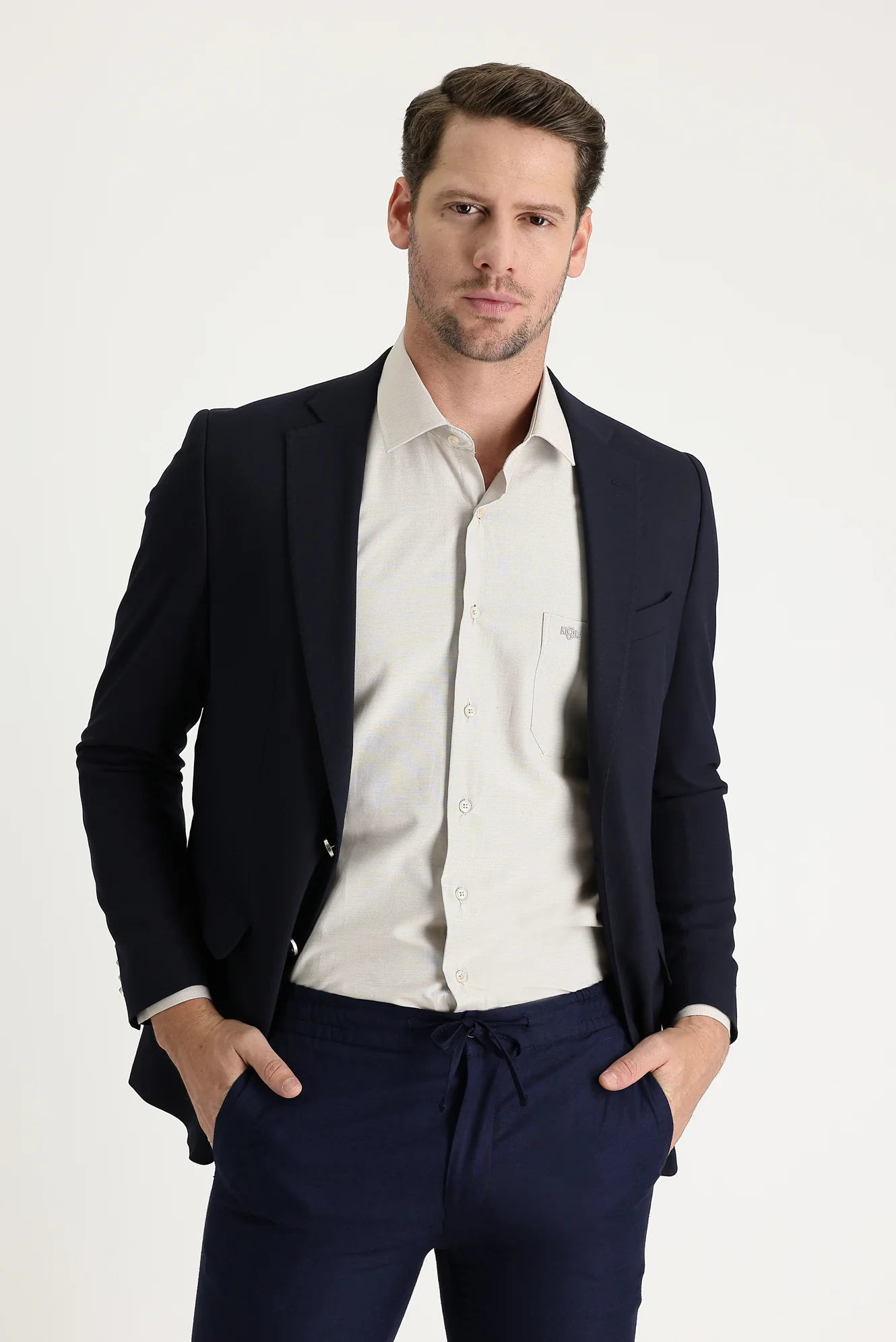 Koyu Lacivert 6 Drop Regular Fit Standart Kesim Yünlü Likralı Esnek Mevsimlik Blazer Ceket