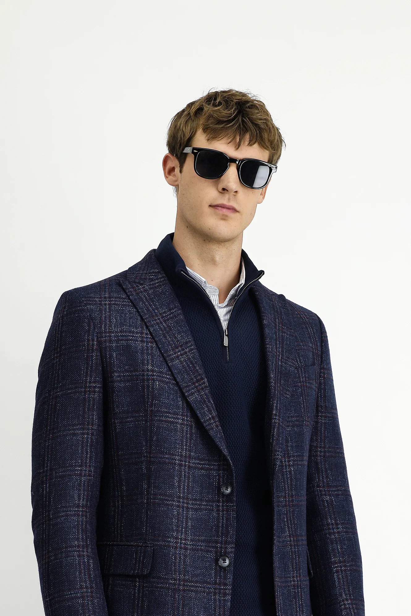 Koyu Lacivert 6 Drop Regular Fit Standart Kesim Yünlü Ekose Ceket - Image 3