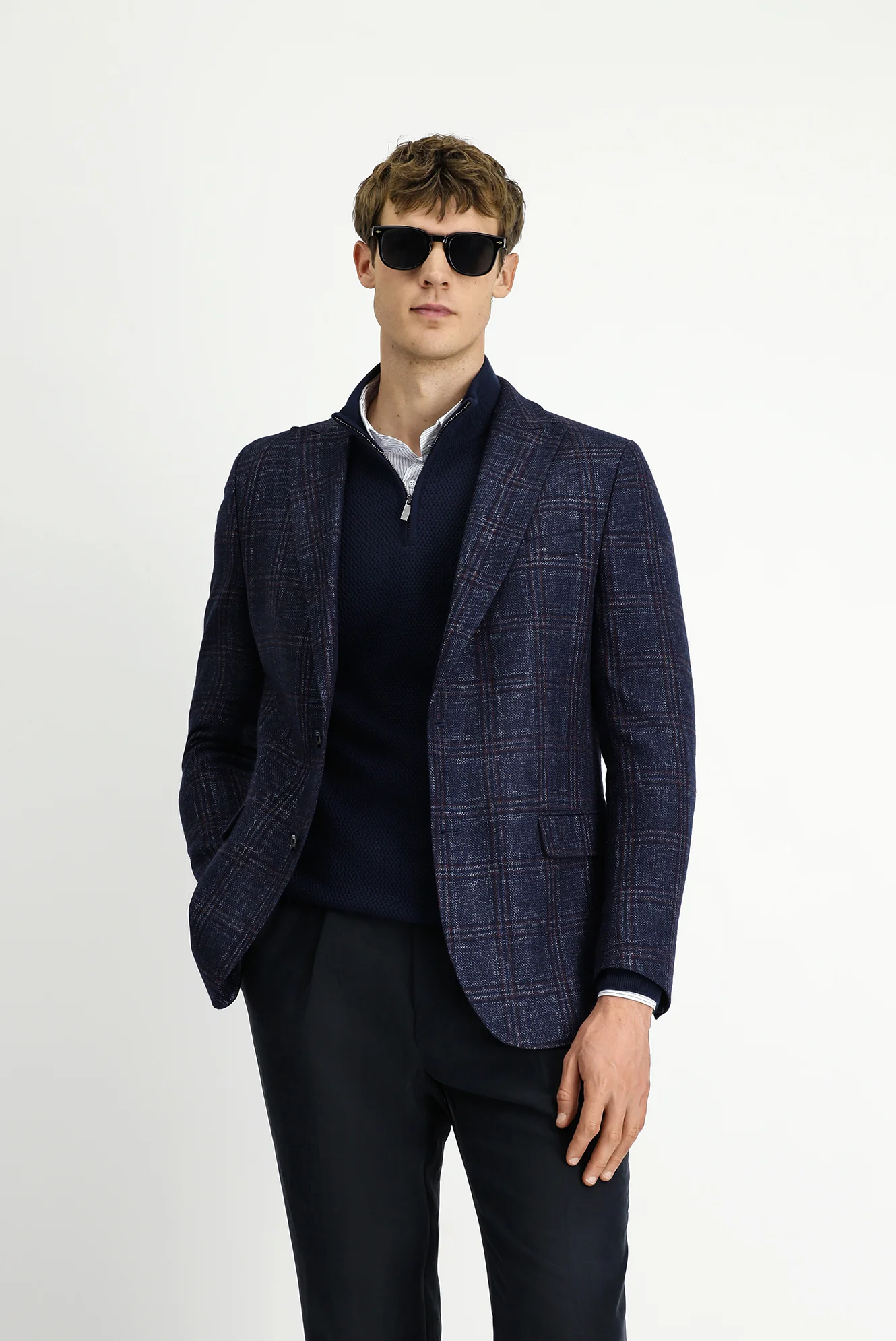 Koyu Lacivert 6 Drop Regular Fit Standart Kesim Yünlü Ekose Ceket - Image 4