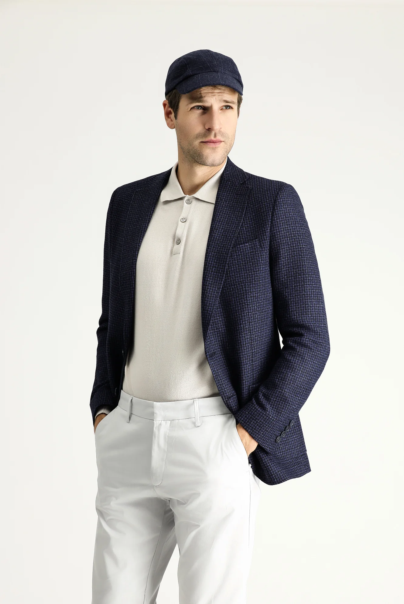 Koyu Lacivert 6 Drop Regular Fit Standart Kesim Yünlü Kareli Ceket
