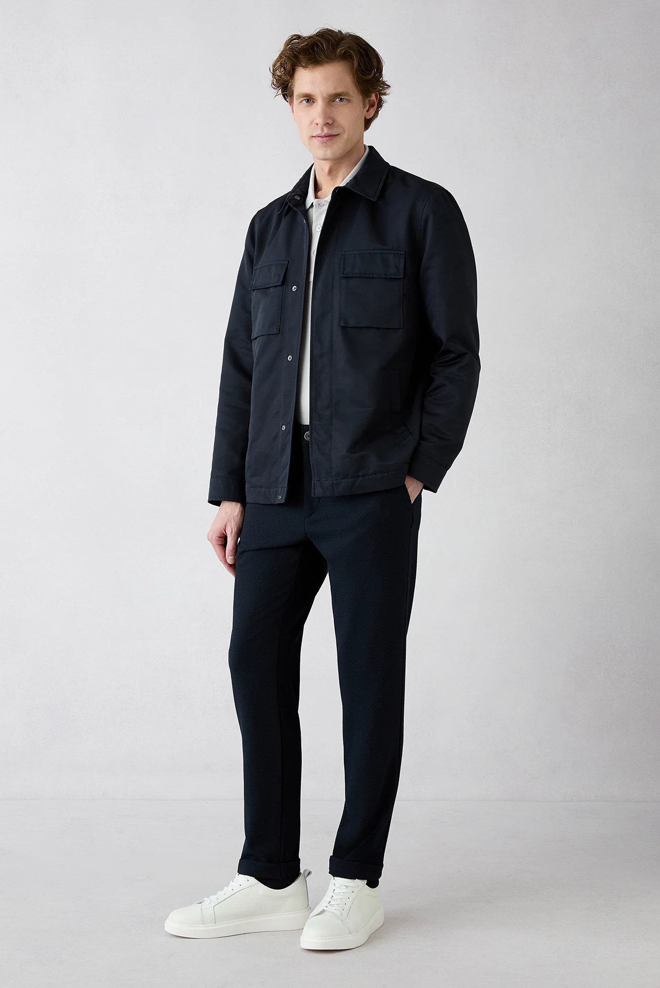 Koyu Lacivert Regular Straight Fit Yan Cepli Likralı Esnek Kanvas / Chino Pantolon