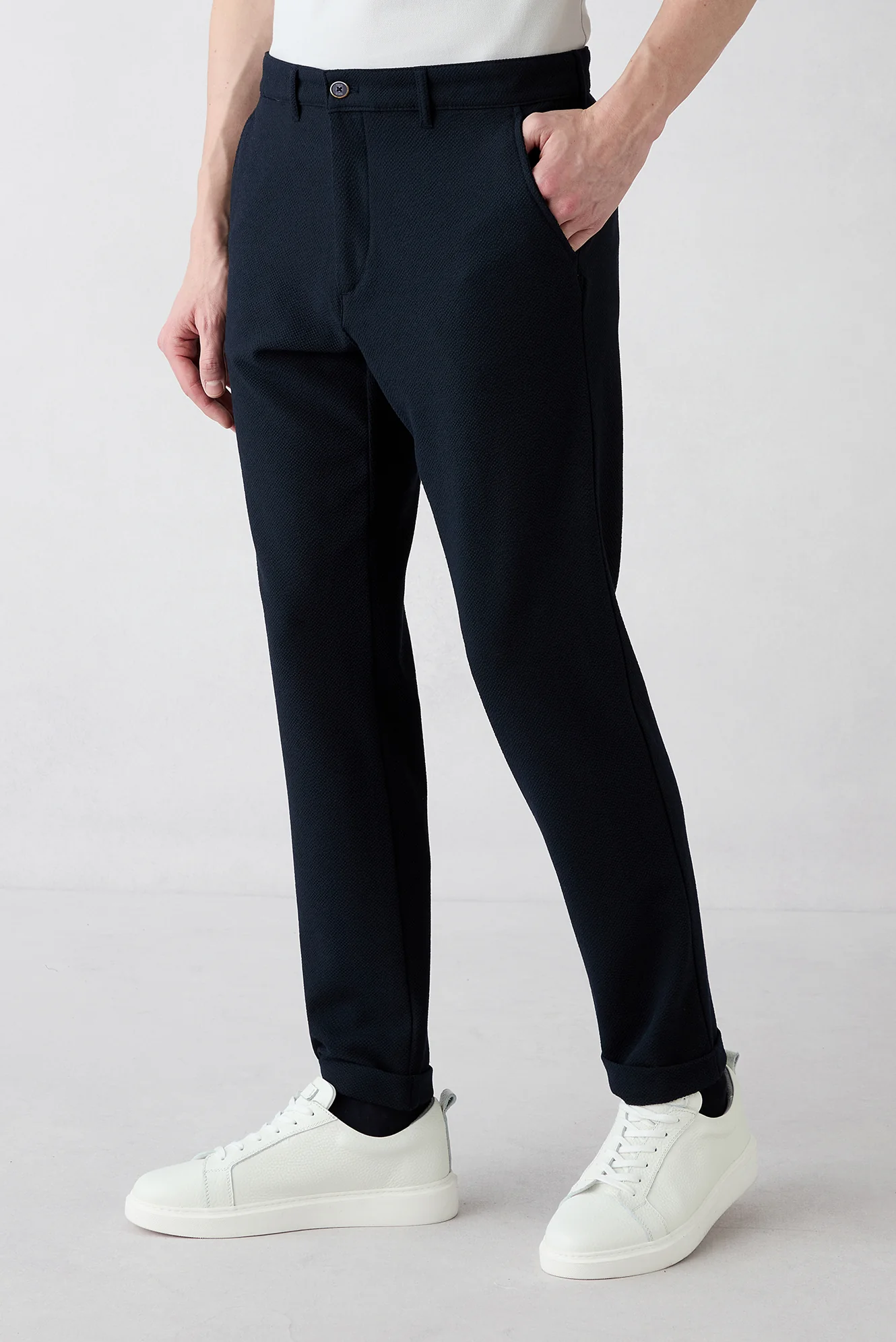 Koyu Lacivert Regular Straight Fit Yan Cepli Likralı Esnek Kanvas / Chino Pantolon - Image 2