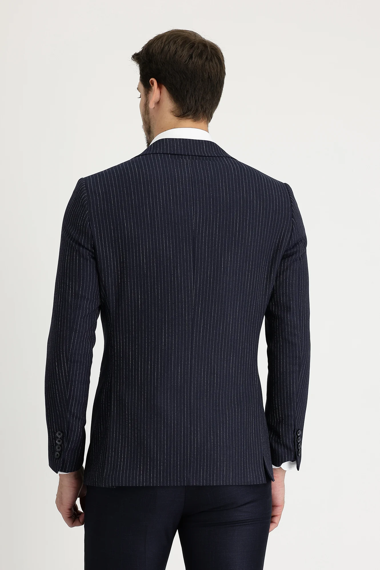 Koyu Lacivert 4 Drop Relaxed Fit Rahat Kesim Çizgili Blazer Ceket - Image 6
